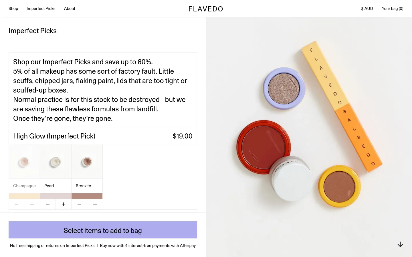 The desktop page features a clean, minimalist layout with a white background and a large hero image on the right showing various colorful makeup products arranged artistically. On the left, the 'Imperfect Picks' headline is followed by an explanatory text box and a product selection area for 'High Glow' with shade swatches and quantity selectors. A large lavender 'Select items to add to bag' button sits at the bottom left.