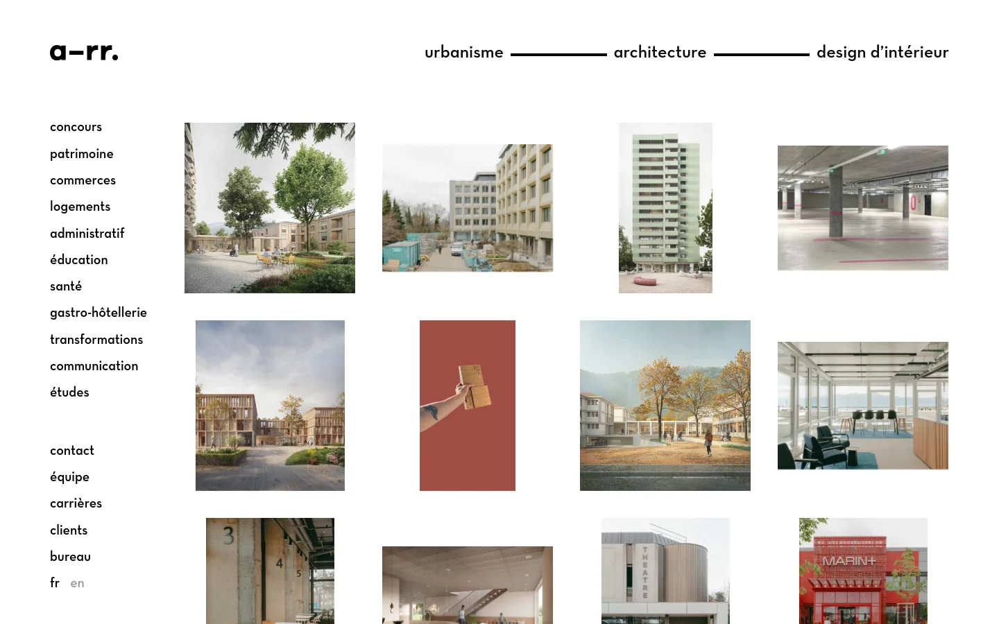 The desktop homepage features a minimalist white layout with the 'a-rr.' logo and navigation links for urbanisme, architecture, and design d'intérieur at the top. A grid of architectural project images is displayed below, showcasing various buildings and interior spaces. A sidebar on the left contains a vertical list of project categories and company links in a clean, sans-serif font.
