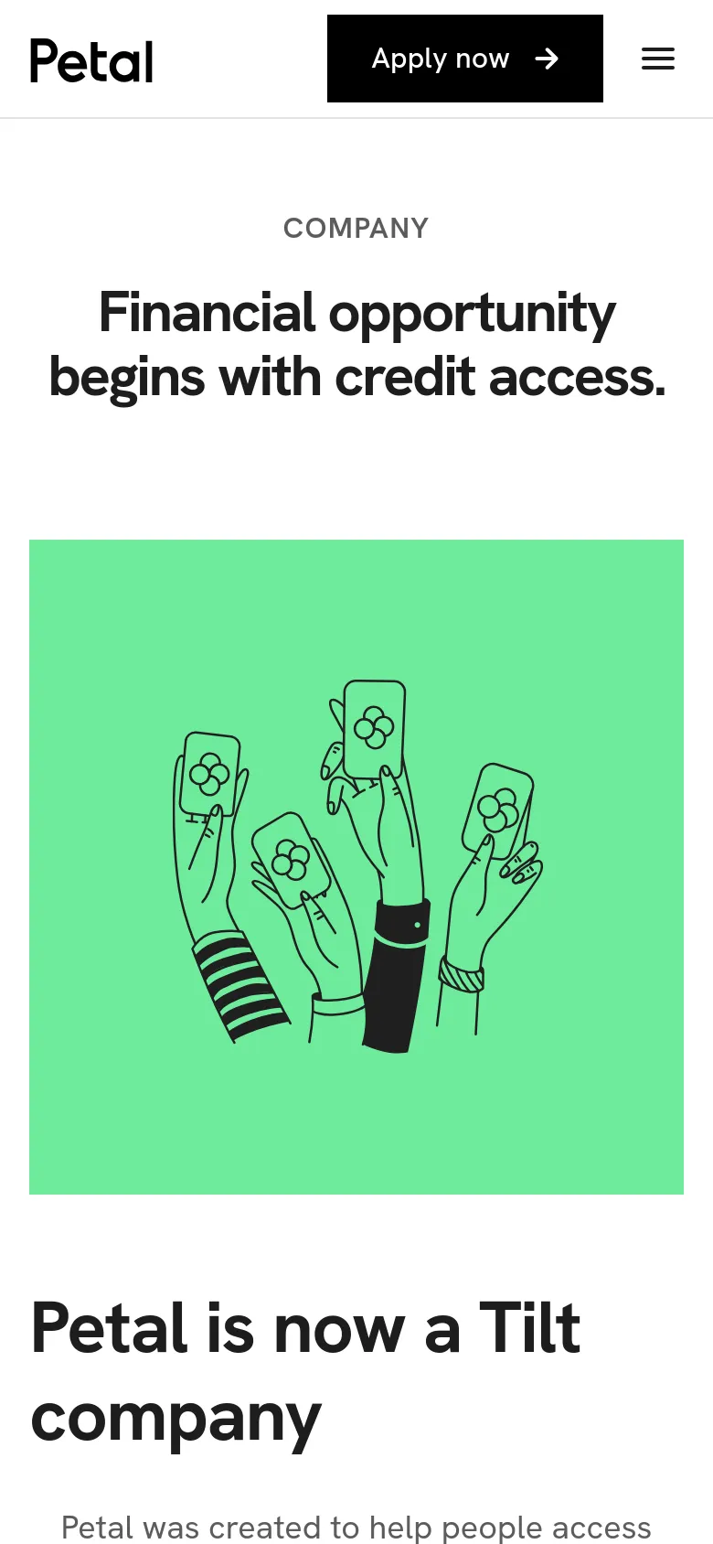 The mobile version presents a vertically stacked layout on a white background. The 'Company' label and main headline appear at the top, followed by a large green hero image containing line art of hands holding phones. The navigation is condensed into a hamburger menu icon next to a prominent black 'Apply now' button.