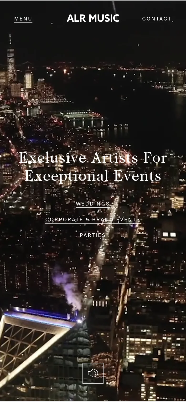 The mobile version maintains the dark, atmospheric night cityscape hero image and centered white serif headline. The navigation links for Weddings, Corporate & Brand Events, and Parties are stacked vertically to fit the narrow screen, and the header menu remains at the top with 'MENU', 'ALR MUSIC', and 'CONTACT' spread across the width.