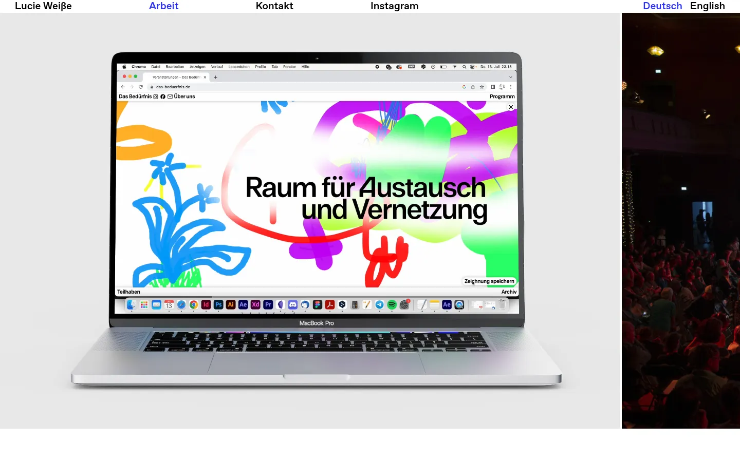The desktop homepage features a minimalist white navigation bar at the top with links for Arbeit, Kontakt, Instagram, and language options. Below, a large hero section displays a MacBook Pro showcasing a colorful, abstract graphic with the German text 'Raum für Austausch und Vernetzung' on a light grey background. To the right, a vertical sliver of a dark, warm-toned photograph shows an audience in a theater setting.