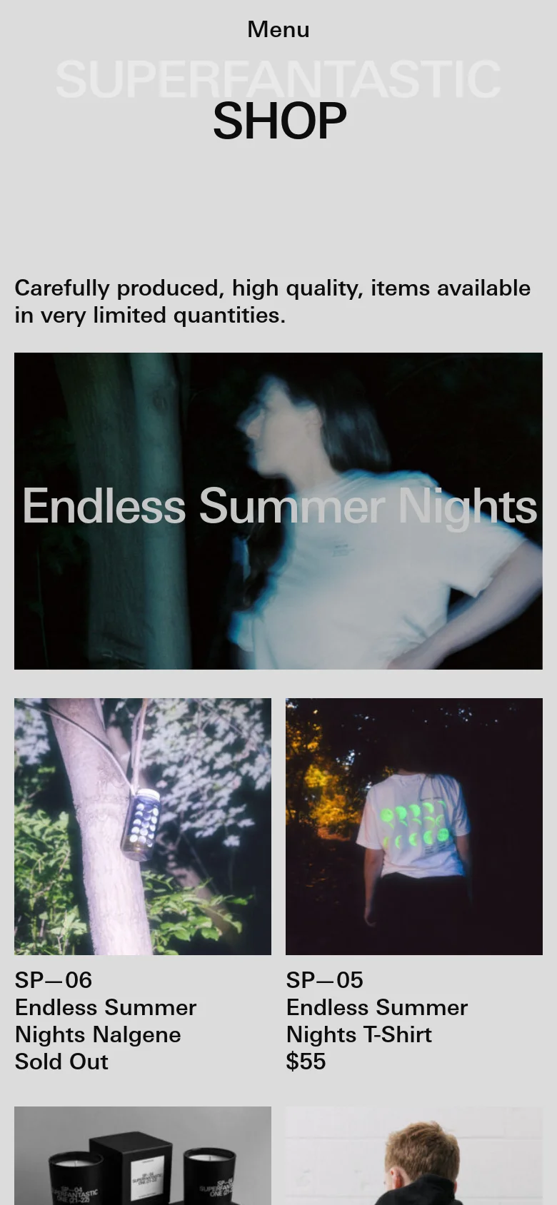 The mobile version maintains the minimalist light gray aesthetic but uses a stacked layout. The navigation is condensed into a 'Menu' link, and the large 'SHOP' heading is followed by the 'Endless Summer Nights' hero image. Product listings appear in a single-column vertical scroll, showing product photos, titles, and availability or prices.