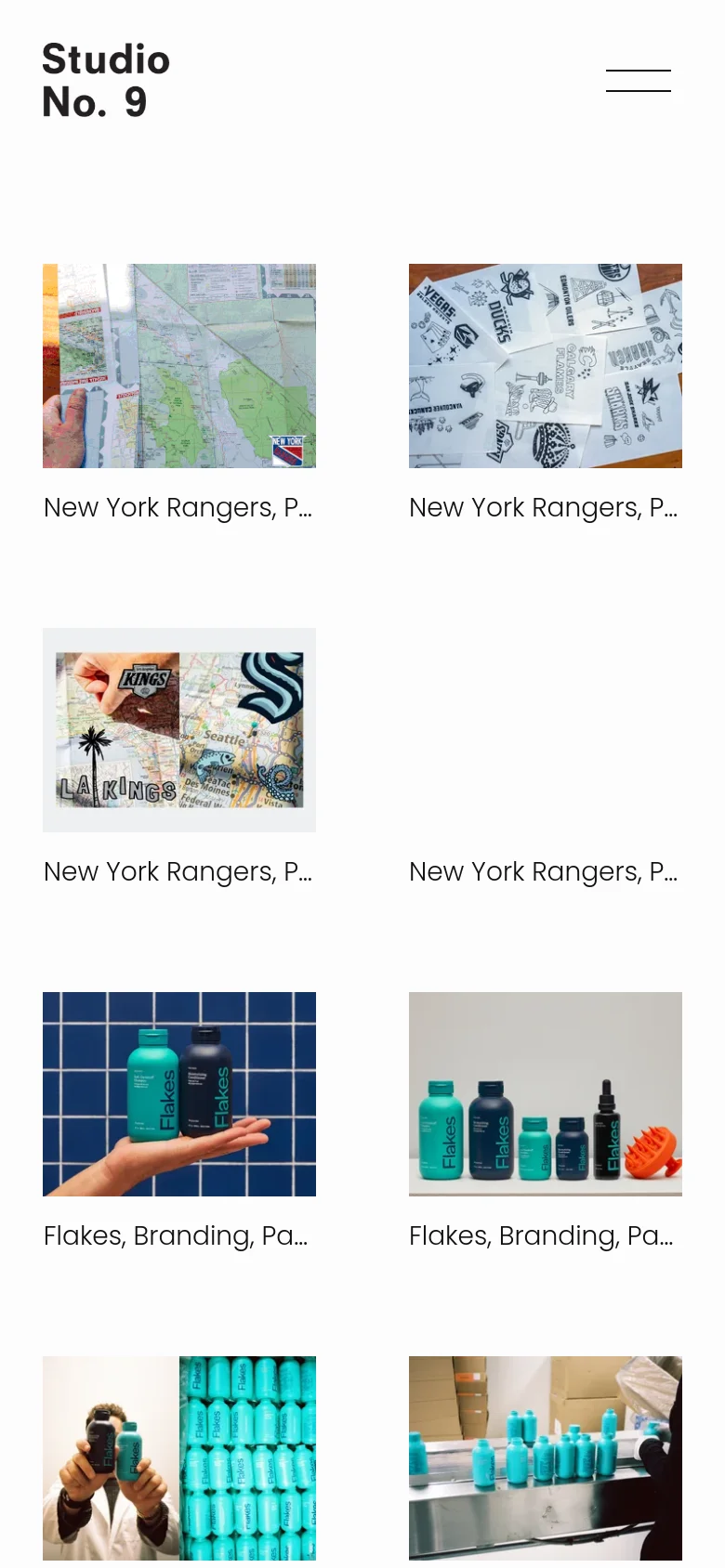 The mobile version presents a simplified vertical layout with the Studio No. 9 logo and a hamburger menu icon at the top. The portfolio content is reorganized into a single-column scroll of large project images, such as the New York Rangers and Flakes branding, with text descriptions appearing below each image.