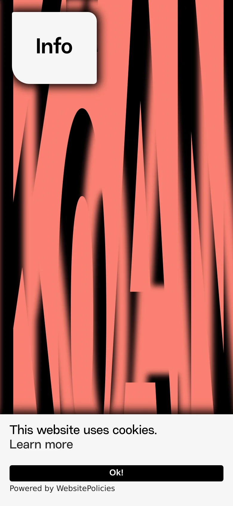 The mobile version shows a vertically oriented, zoomed-in view of the salmon pink and black distorted typography. The 'Info' button is centered and larger relative to the screen, and the cookie consent banner occupies the bottom portion of the interface.