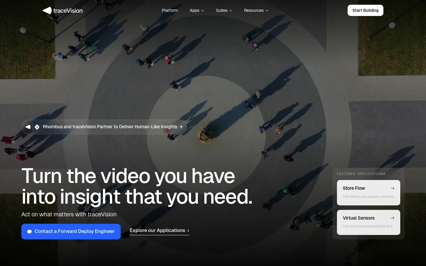 The desktop homepage features a dark, high-angle aerial video background of people walking in a circular plaza. A large white headline reads 'Turn the video you have into insight that you need,' positioned above a blue 'Contact a Forward Deploy Engineer' button and a link to explore applications. The navigation bar at the top includes links for Platform, Apps, Suites, and Resources, alongside a 'Start Building' button, while a floating menu on the right showcases featured applications.
