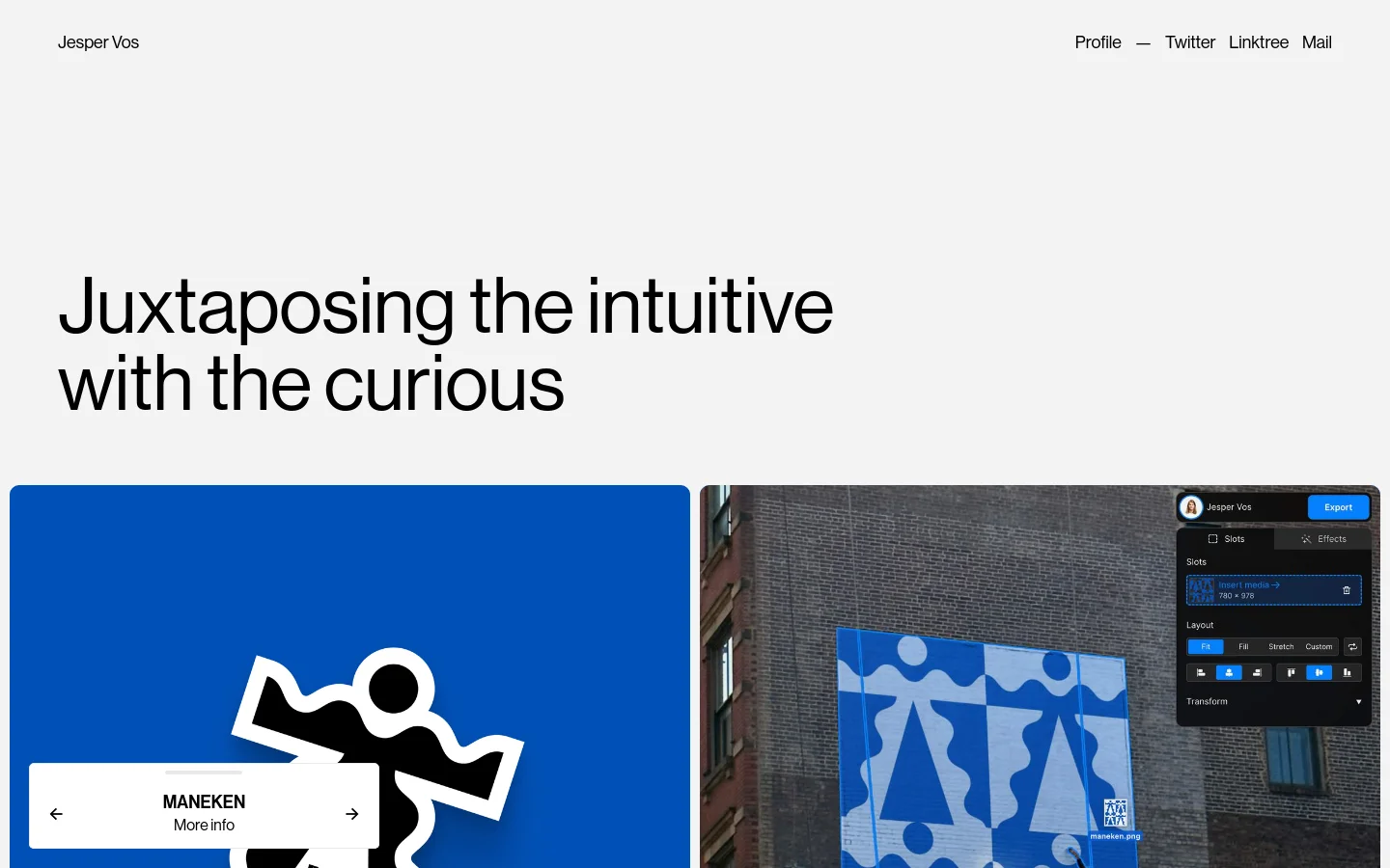 The desktop homepage features a minimalist white background with the large headline 'Juxtaposing the intuitive with the curious'. Below the headline, a two-column grid displays large project imagery, including a blue graphic with a white figure and a photo of a building with blue patterns. A navigation bar at the top includes the name Jesper Vos and links to Profile, Twitter, Linktree, and Mail.