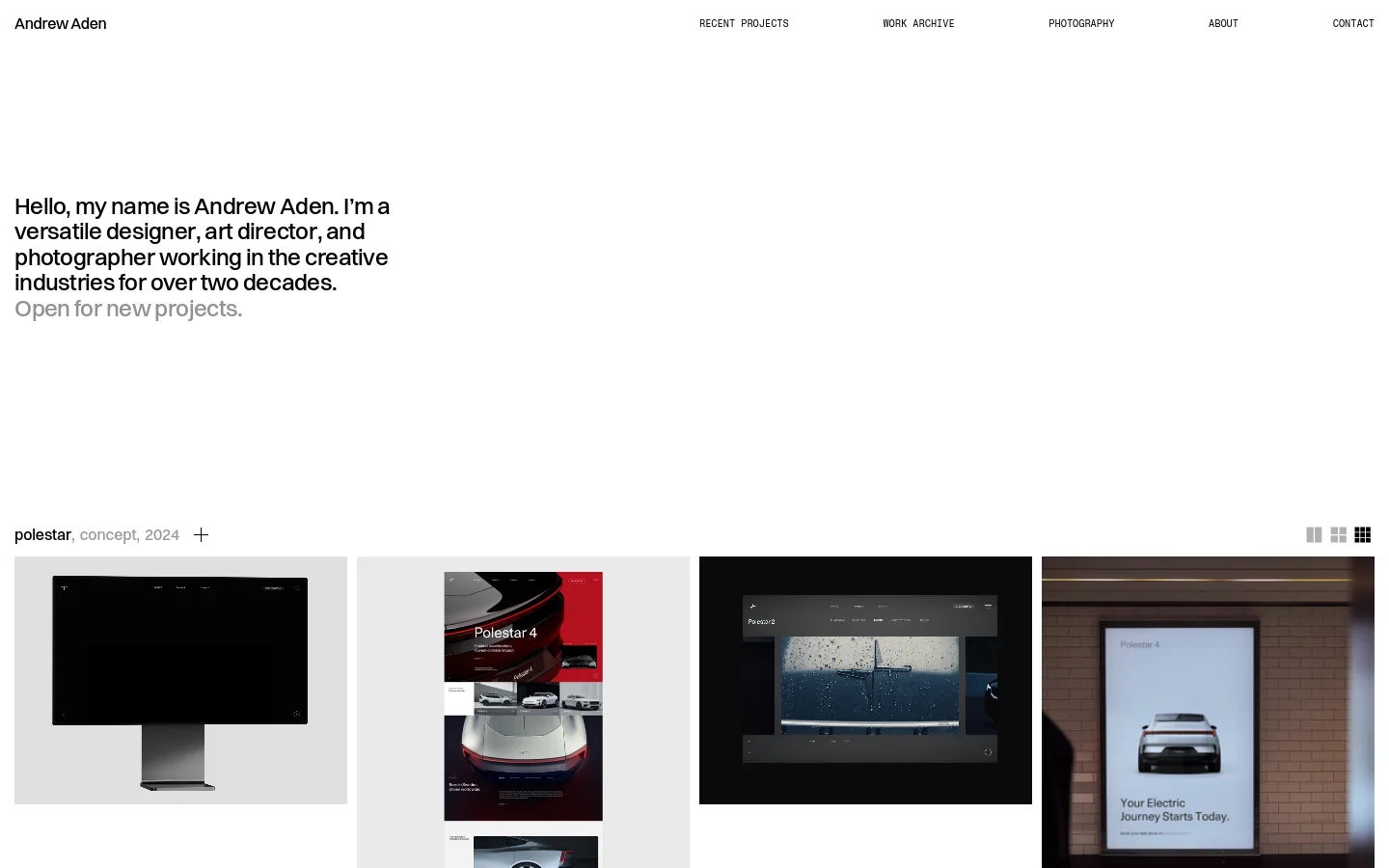 A minimalist portfolio website with a white background and black typography. The hero section features a large headline introducing Andrew Aden, followed by a grid of project thumbnails including Polestar, Veer, and Natasha Denona. The desktop layout uses a wide navigation bar at the top and a multi-column grid for project displays.