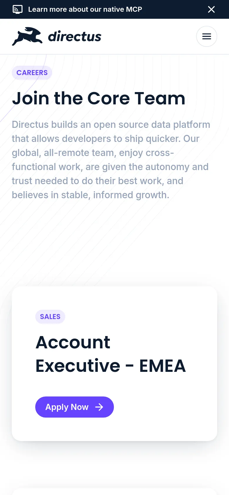 The mobile version simplifies the layout into a single-column view, stacking the 'Join the Core Team' headline and description above the job listing card. The top navigation is condensed into a hamburger menu icon next to the Directus logo, and a black banner at the very top promotes the native MCP.