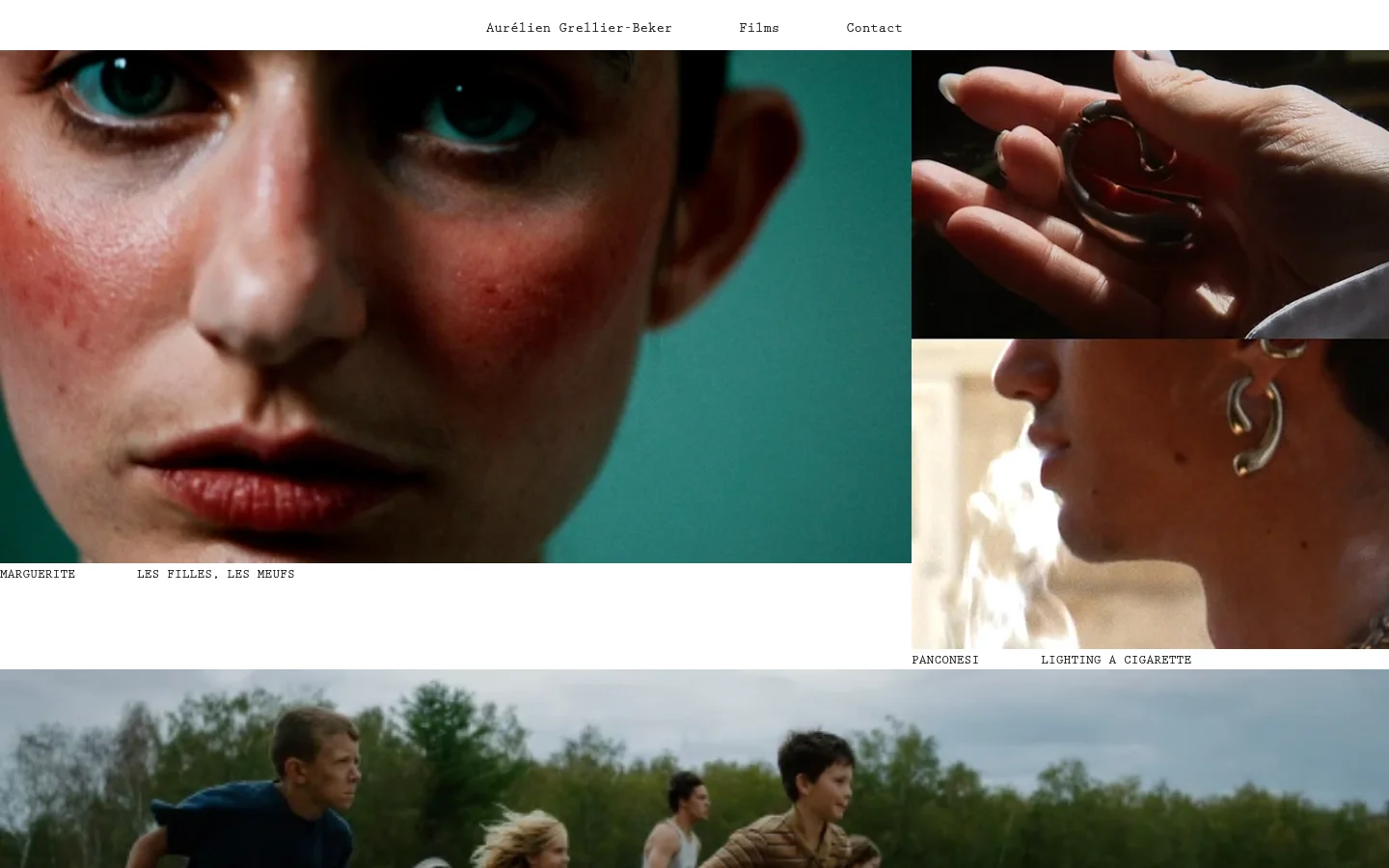 The desktop homepage for director Aurélien Grellier-Beker features a minimalist white header with navigation links for Films and Contact. The body consists of a large grid of cinematic video thumbnails with bold black titles underneath, such as 'MARGUERITE LES FILLES, LES MEUFS' and 'PANCONESI LIGHTING A CIGARETTE'.