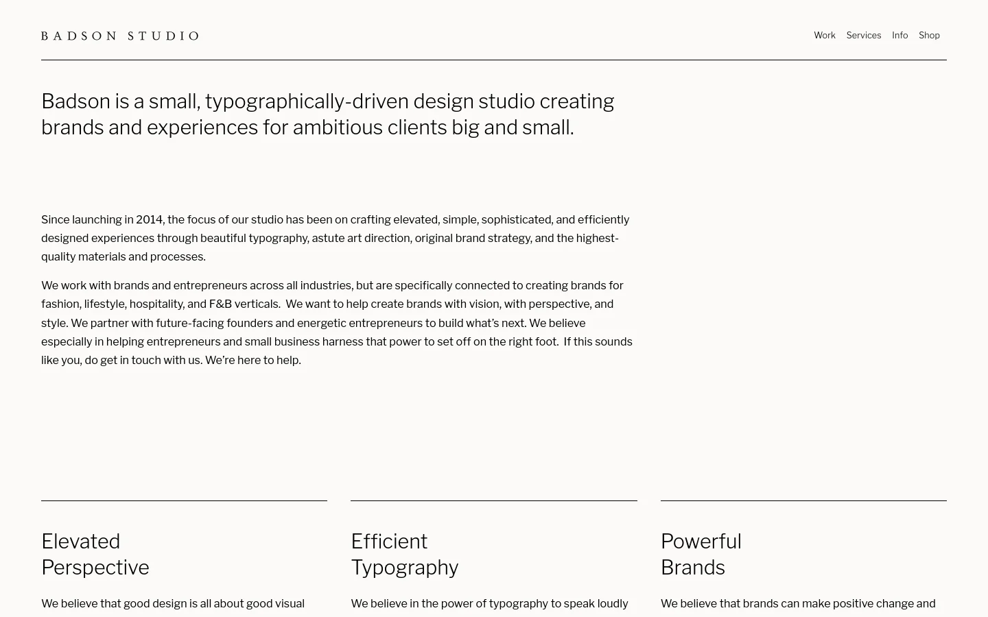 The desktop page features a minimalist, high-contrast design with black text on a white background and a clean layout. A large headline introduces the studio, followed by several paragraphs of text and three distinct sections titled 'Elevated Perspective', 'Efficient Typography', and 'Powerful Brands' arranged in a grid. The navigation menu is simple, located at the top right with links for Work, Services, Info, and Shop.
