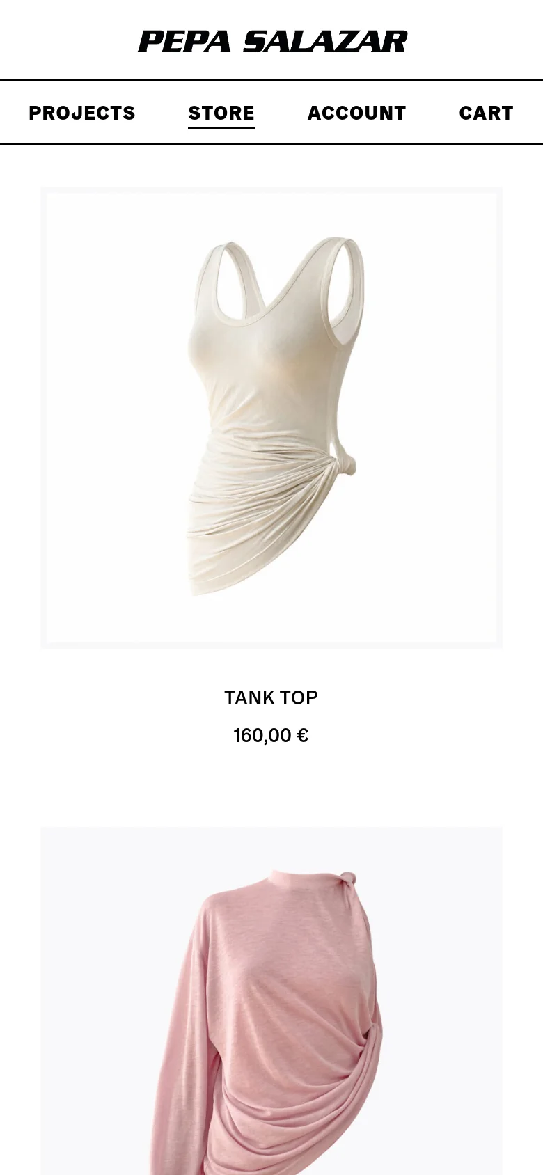 The mobile version presents a simplified vertical layout with the brand name centered at the top. The navigation menu is condensed into a single row below the logo, and the product grid shifts to a single-column view to prioritize large product images and clear pricing.