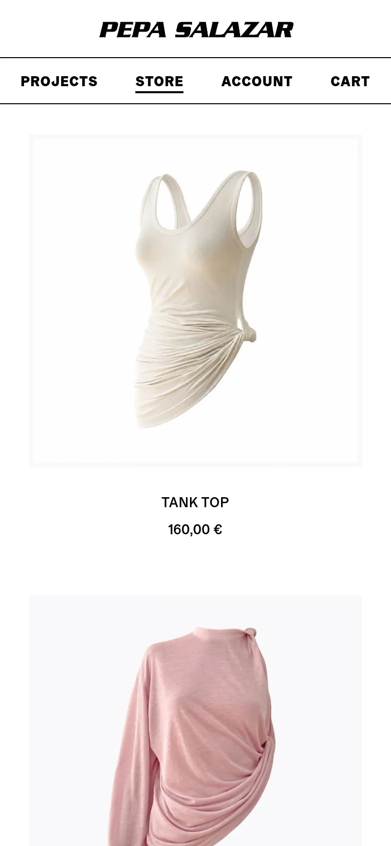 The mobile version presents a simplified vertical layout with the brand name centered at the top. The navigation menu is condensed into a single row below the logo, and the product grid shifts to a single-column view to prioritize large product images and clear pricing.