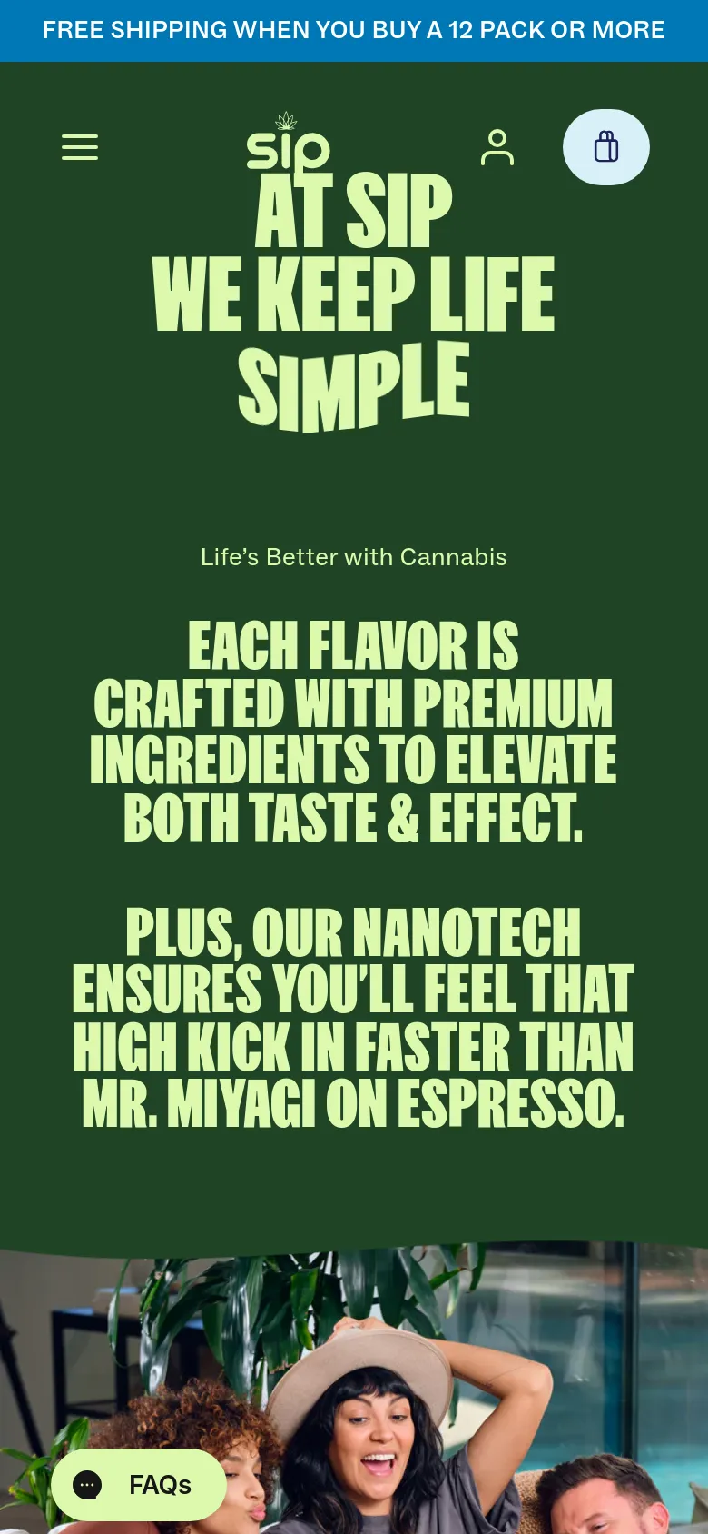 The mobile version maintains the dark green theme and large cream headline but uses a stacked vertical layout to accommodate the narrower screen. The top navigation is replaced by a hamburger menu icon, and the 'FAQs' button remains floating at the bottom left.