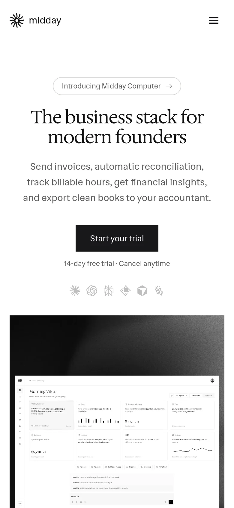 The mobile version maintains the clean, white aesthetic but uses a centered, single-column layout to accommodate the narrower screen. The navigation menu is collapsed into a hamburger icon at the top right, and the text scales down to fit the width of the device.