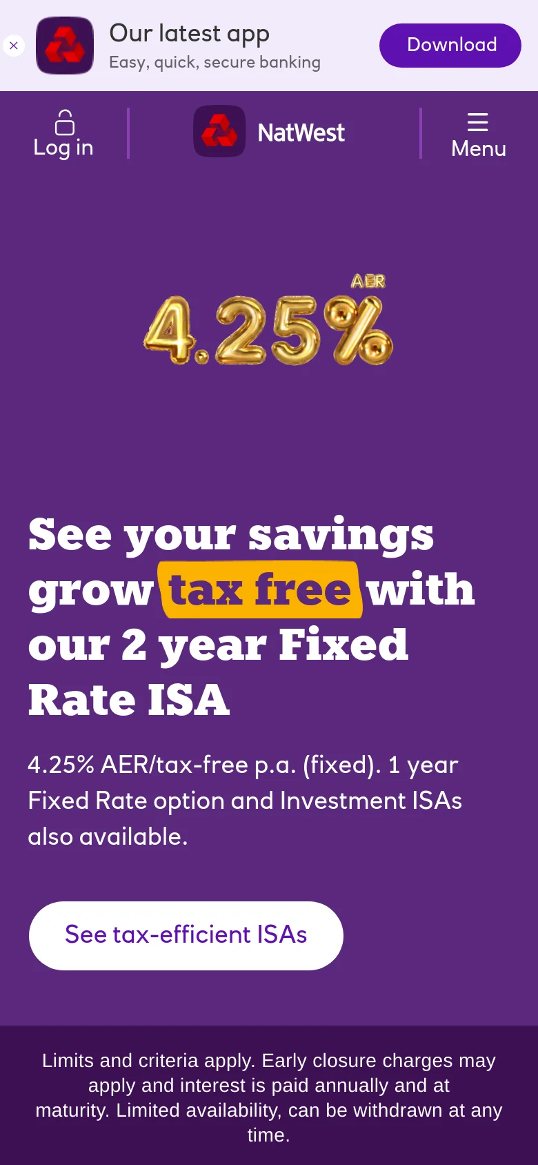 The mobile version displays a vertically stacked layout with the purple ISA promotion dominating the screen, featuring large gold balloon text for the interest rate. The navigation is condensed into a 'Menu' icon and a 'Log in' button at the top, while a 'Chat to Cora' floating action button and an app download banner appear at the bottom.