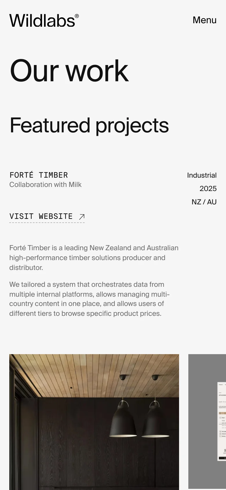 The mobile version maintains the clean white aesthetic and large typography but stacks elements vertically for a single-column view. The 'Our work' and 'Featured projects' headings are prominent at the top, followed by the Forté Timber project details, a vertical list of metadata, and the 'Visit Website' link. The project images are displayed as large, full-width blocks below the text content.