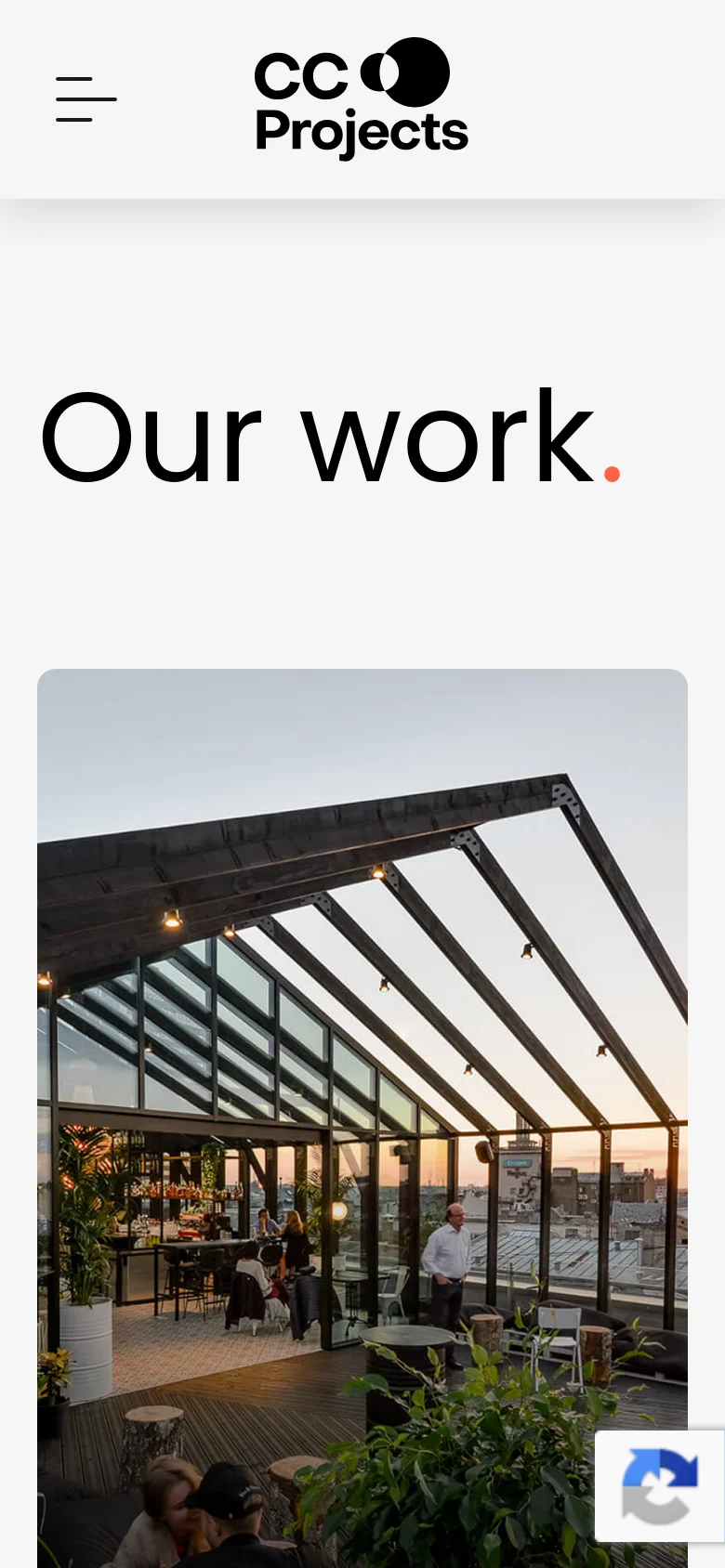 The mobile version simplifies the layout, replacing the top navigation bar with a hamburger menu icon and the CC Projects logo. The 'Our work.' headline remains prominent above a single-column stack of large project images and descriptions, optimized for vertical scrolling.