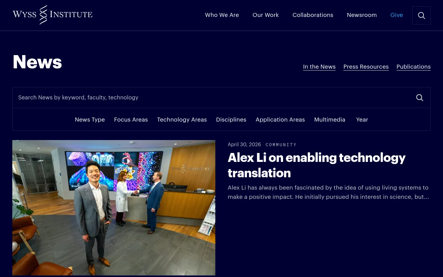 The desktop News page features a dark navy background with a large white 'News' heading. Below the header, navigation links for 'In the News', 'Press Resources', and 'Publications' sit above a search bar and a horizontal filter menu including News Type, Focus Areas, and Technology Areas. A featured news article shows a large photograph of three people in a modern office setting, accompanied by a headline and summary text.