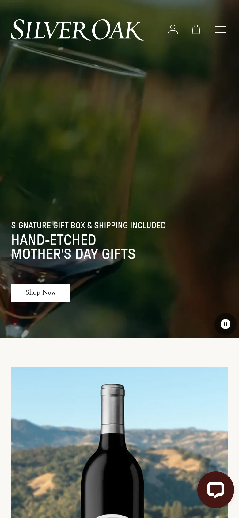 The mobile version presents a vertically stacked layout, starting with a full-width hero image of wine glasses and a 'Shop Now' call to action for Mother's Day gifts. The navigation is condensed into a hamburger menu, and the product sections for Alexander Valley and Napa Valley Cabernet Sauvignon follow in a single-column scrollable format. The imagery remains prominent, focusing on close-up shots of wine bottles and landscapes.