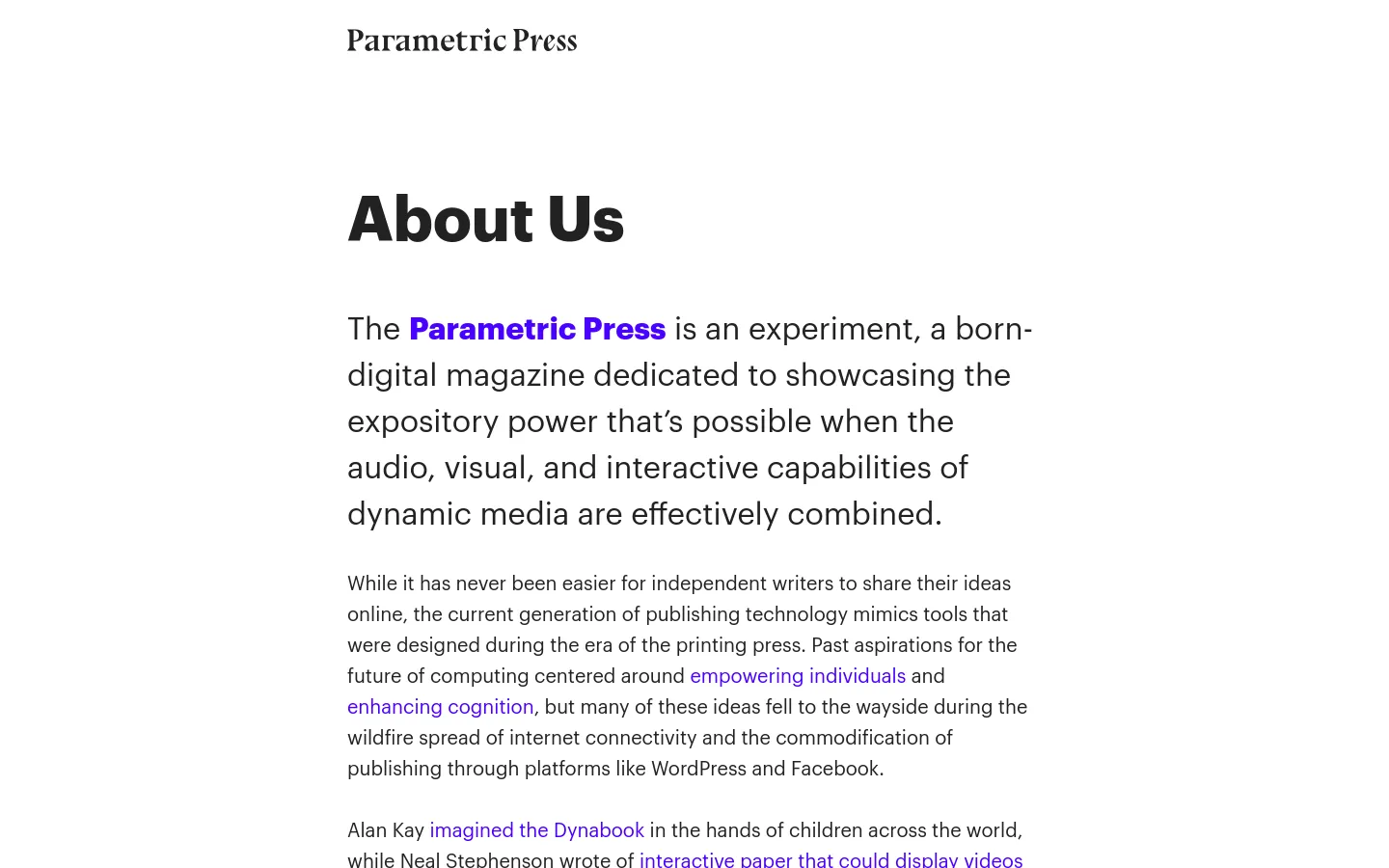 The desktop version of the About Us page features a minimalist design with a white background and black serif typography. The layout is centered with a large 'About Us' headline followed by several paragraphs of text, including the Parametric Press logo at the top left.