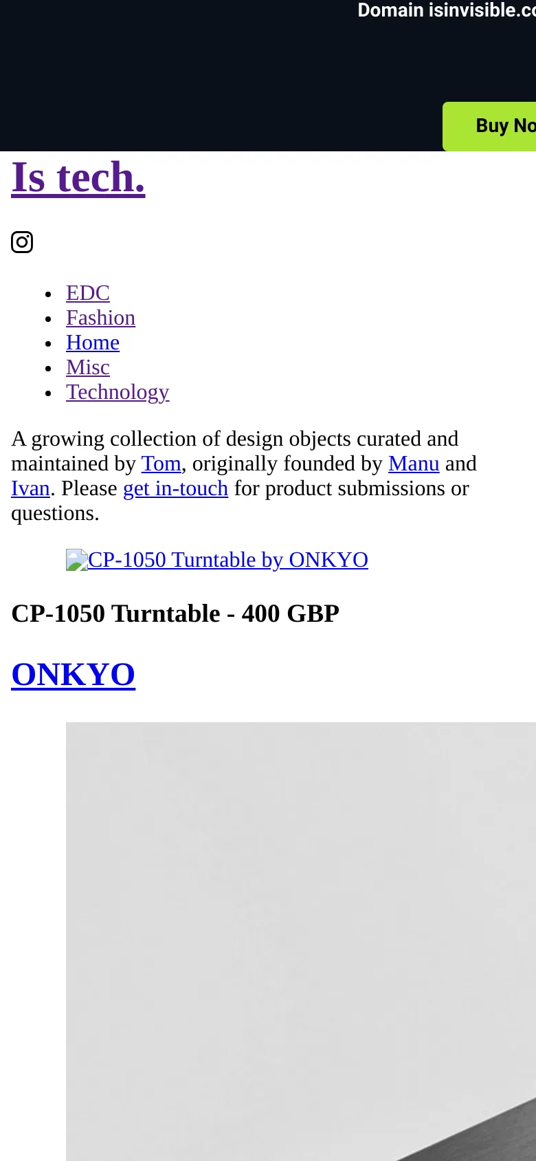 The mobile version maintains the minimalist white and dark theme but uses a single-column layout. The navigation links and introductory text are stacked vertically, and the product images, such as the ONKYO turntable, appear larger and centered to fit the narrow screen width.