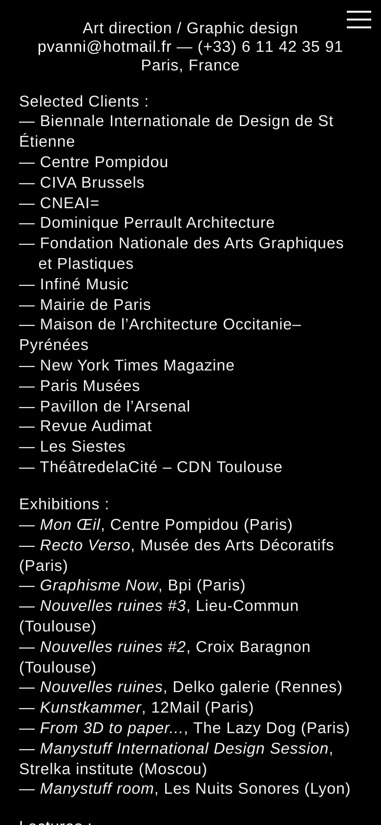 The mobile version maintains the black background and white text but shifts to a single-column vertical layout. The contact information and lists are stacked vertically for easier scrolling on a small screen, and a hamburger menu icon appears in the top right.