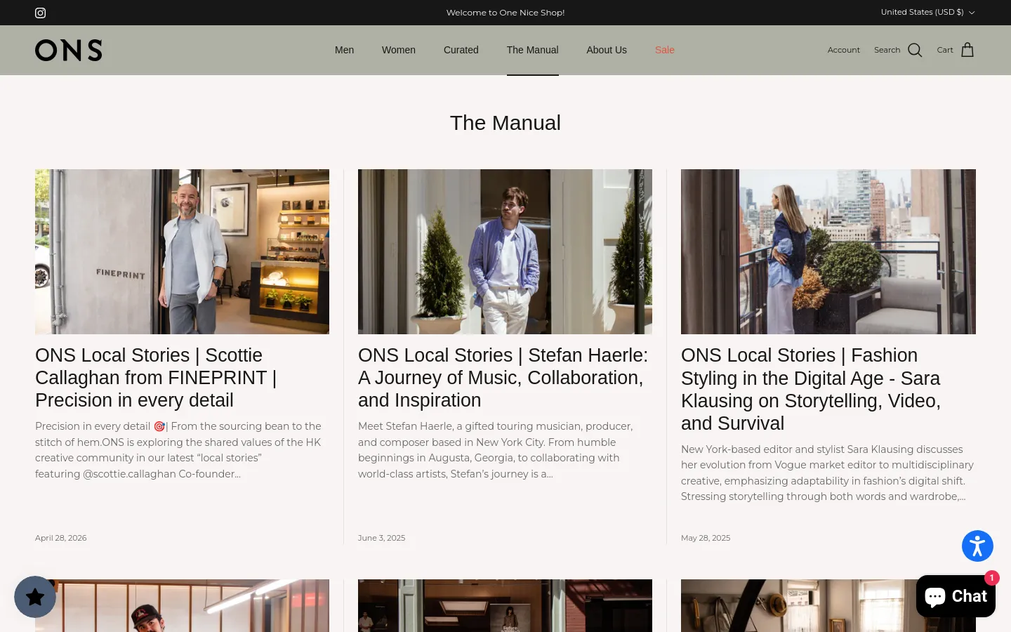 The desktop version of 'The Manual' blog page features a clean, minimalist layout with a light gray header containing navigation links for Men, Women, Curated, The Manual, About Us, and Sale. The main content displays a grid of blog posts, each consisting of a large rectangular feature image, a bold headline, a brief text excerpt, and a publication date. The color palette is neutral, utilizing whites, grays, and natural tones from the photography.