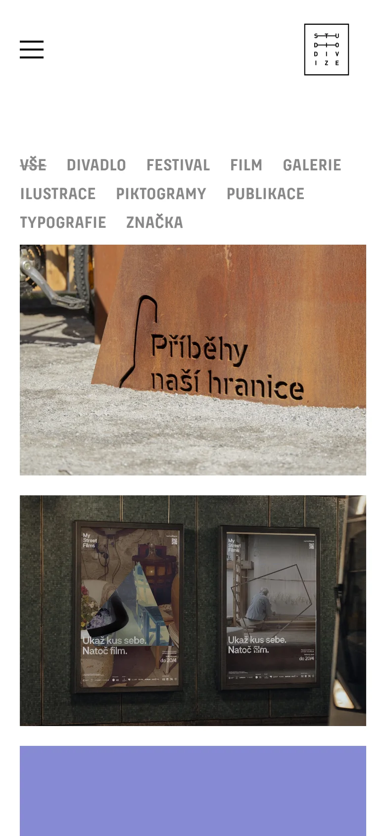 The mobile version uses a simplified layout with a hamburger menu icon on the left and the Studio Divize logo on the right. The project categories are listed vertically in a text-based menu above a single-column stack of large project images that span the width of the screen.