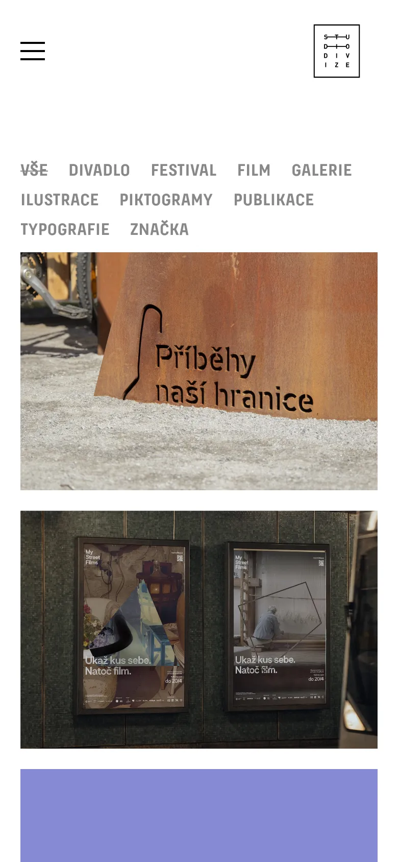 The mobile version uses a simplified layout with a hamburger menu icon on the left and the Studio Divize logo on the right. The project categories are listed vertically in a text-based menu above a single-column stack of large project images that span the width of the screen.