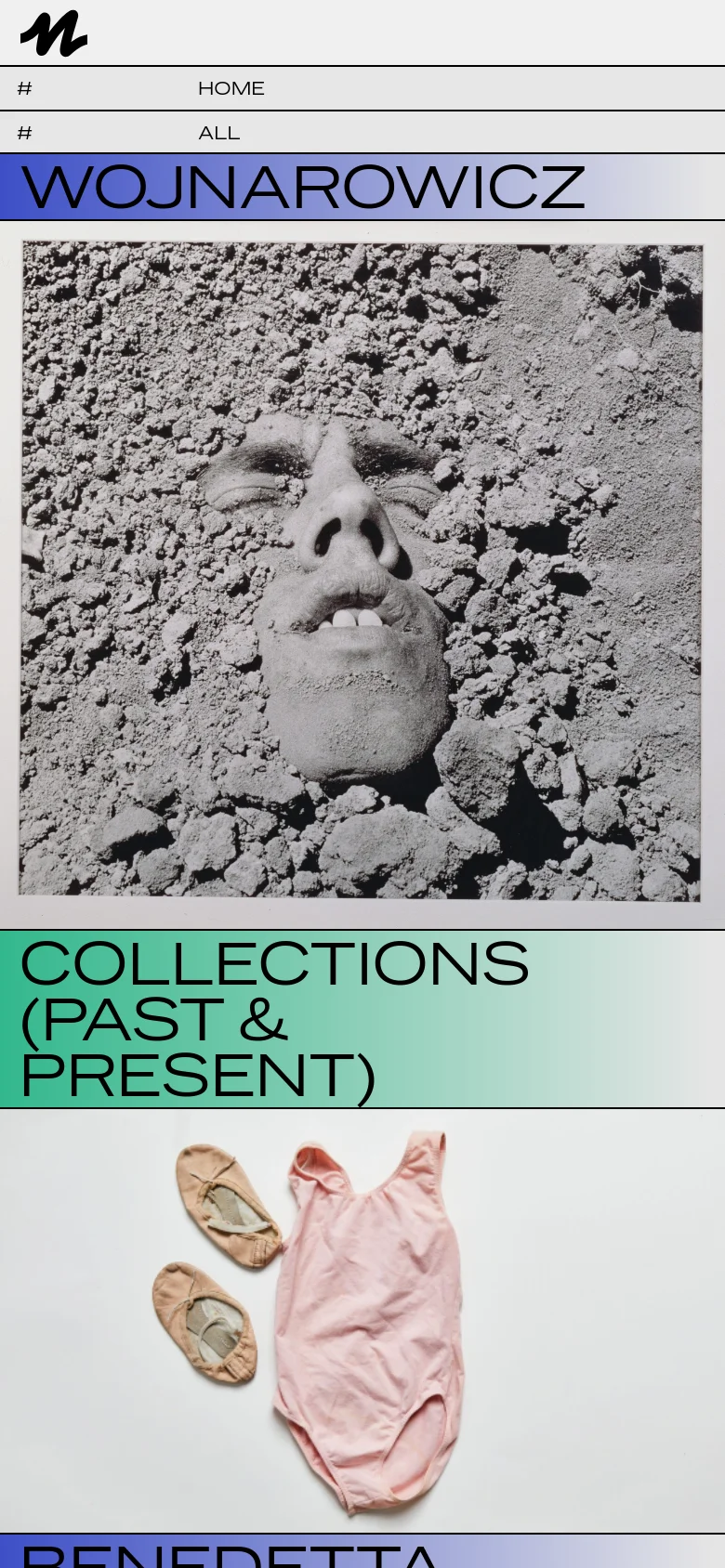 The mobile version presents a single-column vertical scroll of large, impactful images paired with category labels and headlines. The layout is simplified for vertical viewing, focusing on large-scale photography and bold text blocks like 'BENEDETTA' and 'WILD COMBINATION' to guide the user through the queer screen culture content.