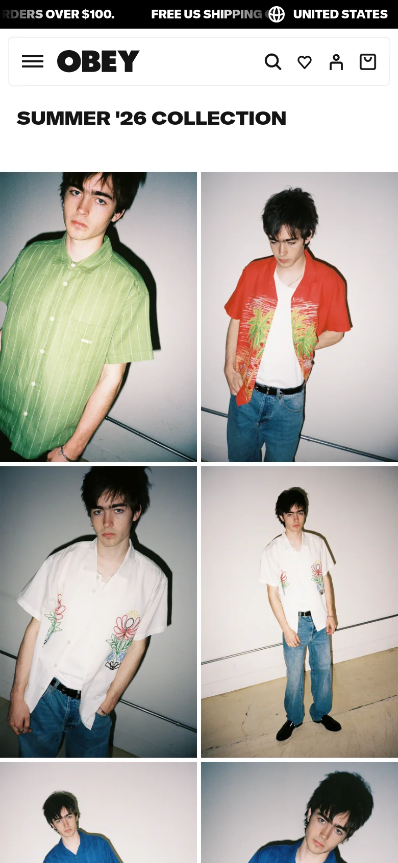 The mobile version displays the Summer '26 Collection with a simplified header featuring a hamburger menu, the OBEY logo, and search, heart, and profile icons. The lookbook images transition from a multi-column grid to a single-column vertical stack, showing large, full-width portrait photographs of models in streetwear.