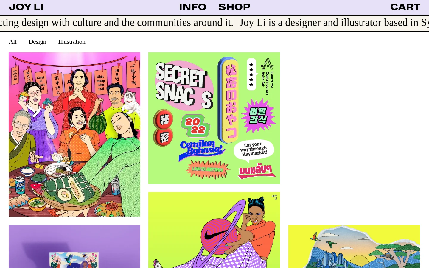 The desktop homepage features a minimalist white header with the name 'JOY LI' and navigation links for Info, Shop, and Cart. Below, a large text introduction describes Joy Li as a Sydney-based designer and illustrator, followed by a colorful grid of portfolio projects including vibrant illustrations and graphic design work. The layout uses a clean, spacious design with a mix of bold typography and high-contrast imagery.
