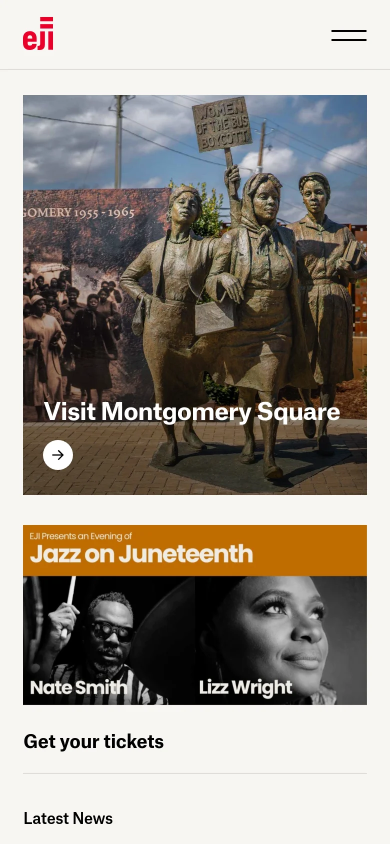 The mobile version presents a vertically stacked layout, starting with a full-width hero image of the Montgomery Square statue and a prominent 'Visit Montgomery Square' heading. Below this, the 'Jazz on Juneteenth' section follows with its amber-toned portrait imagery and a 'Get your tickets' button. The navigation is condensed into a hamburger menu at the top right, and the content is optimized for single-column scrolling.