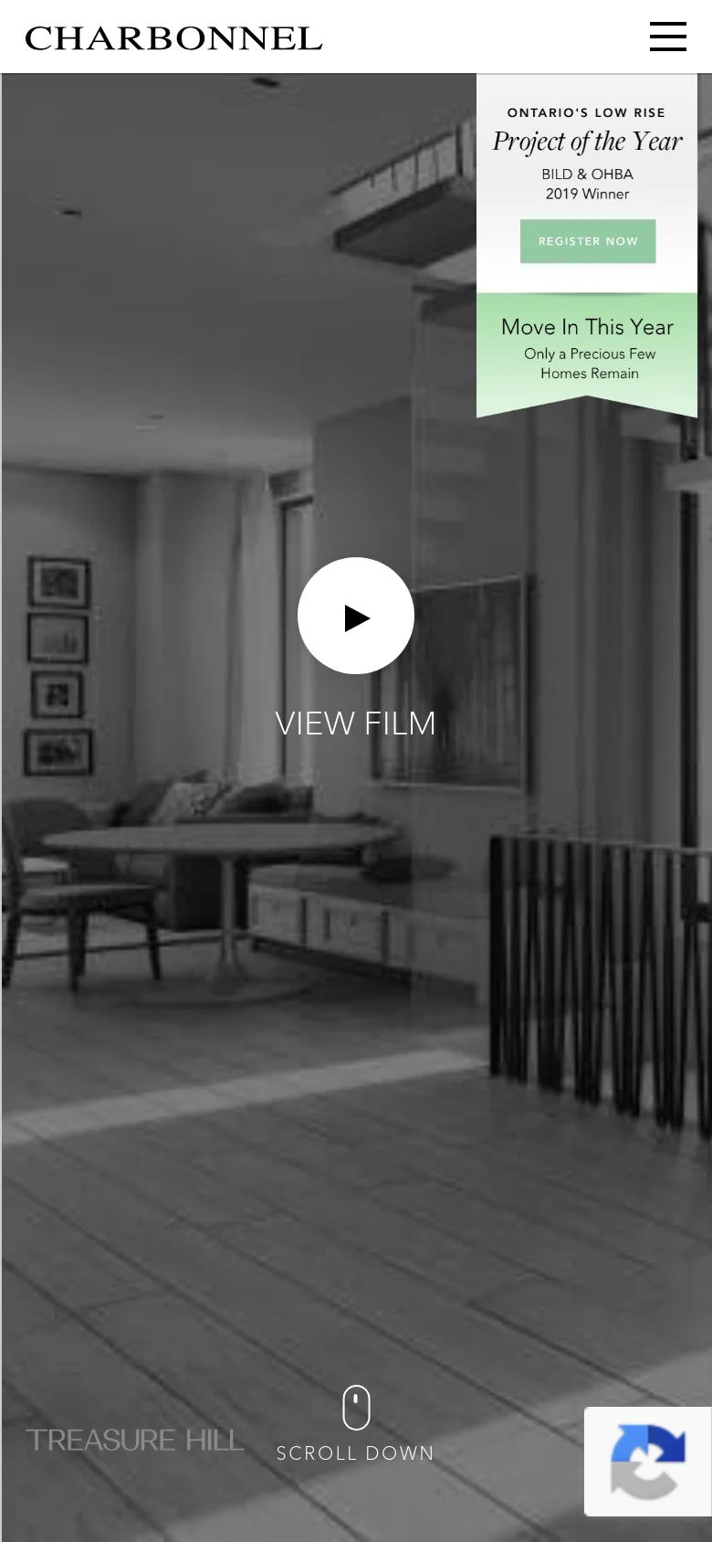 The mobile version presents a vertically oriented, full-screen hero image of a modern interior with a prominent 'VIEW FILM' play button in the center. The navigation is condensed into a hamburger menu icon at the top right, and the award information and 'REGISTER NOW' button are stacked within a white overlay on the right side.