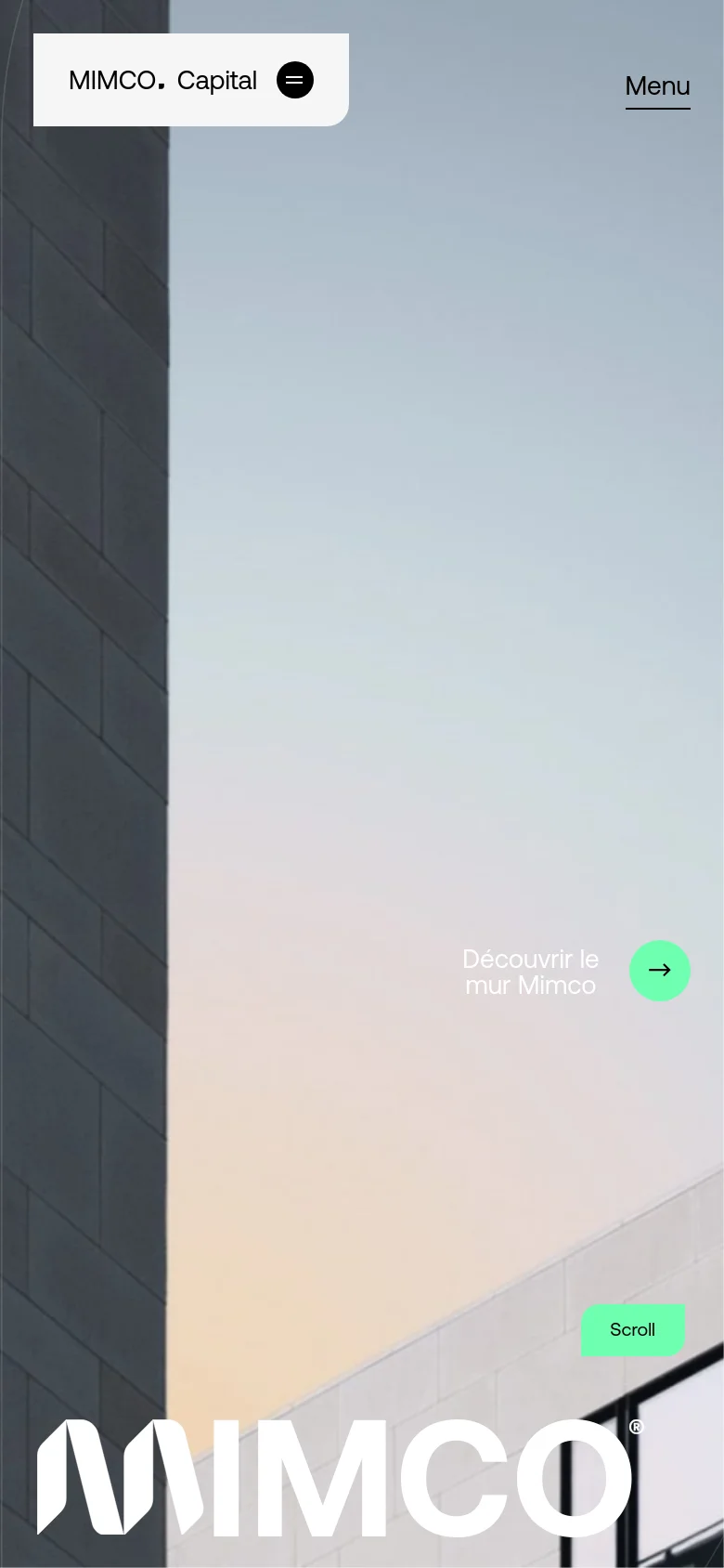The mobile version simplifies the layout, replacing the top navigation bar with a 'Menu' hamburger icon and a prominent 'MIMCO Capital' logo in a white box. The hero image and large 'MIMCO' text remain central, but the call-to-action button is repositioned and scaled for a vertical screen. The overall aesthetic remains clean and professional with a focus on the architectural imagery.