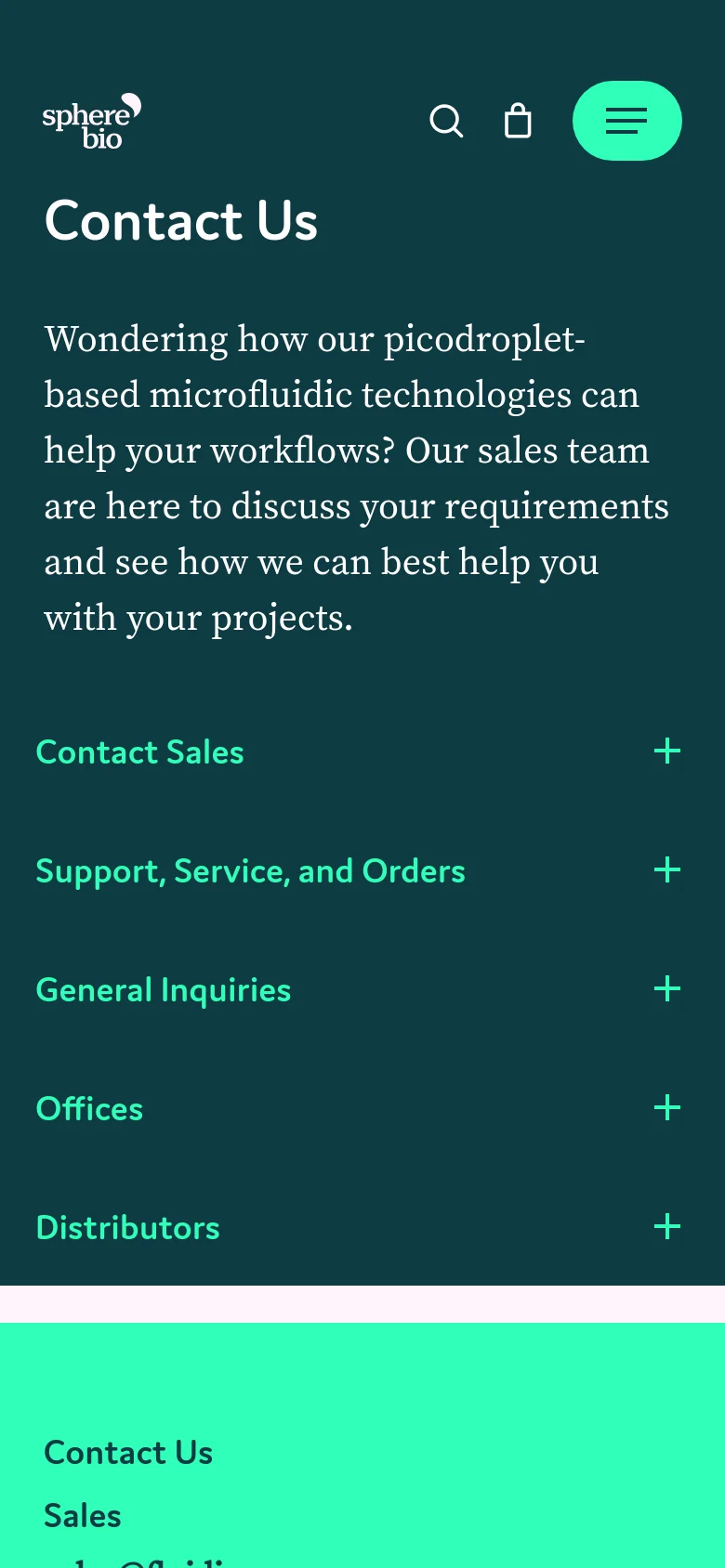 The mobile version uses a dark teal background with a condensed layout. The hero section includes the 'Contact Us' headline and text, followed by a vertical accordion-style menu where the five main contact categories are listed with plus icons for expansion. The bright mint green footer remains at the bottom of the scroll.