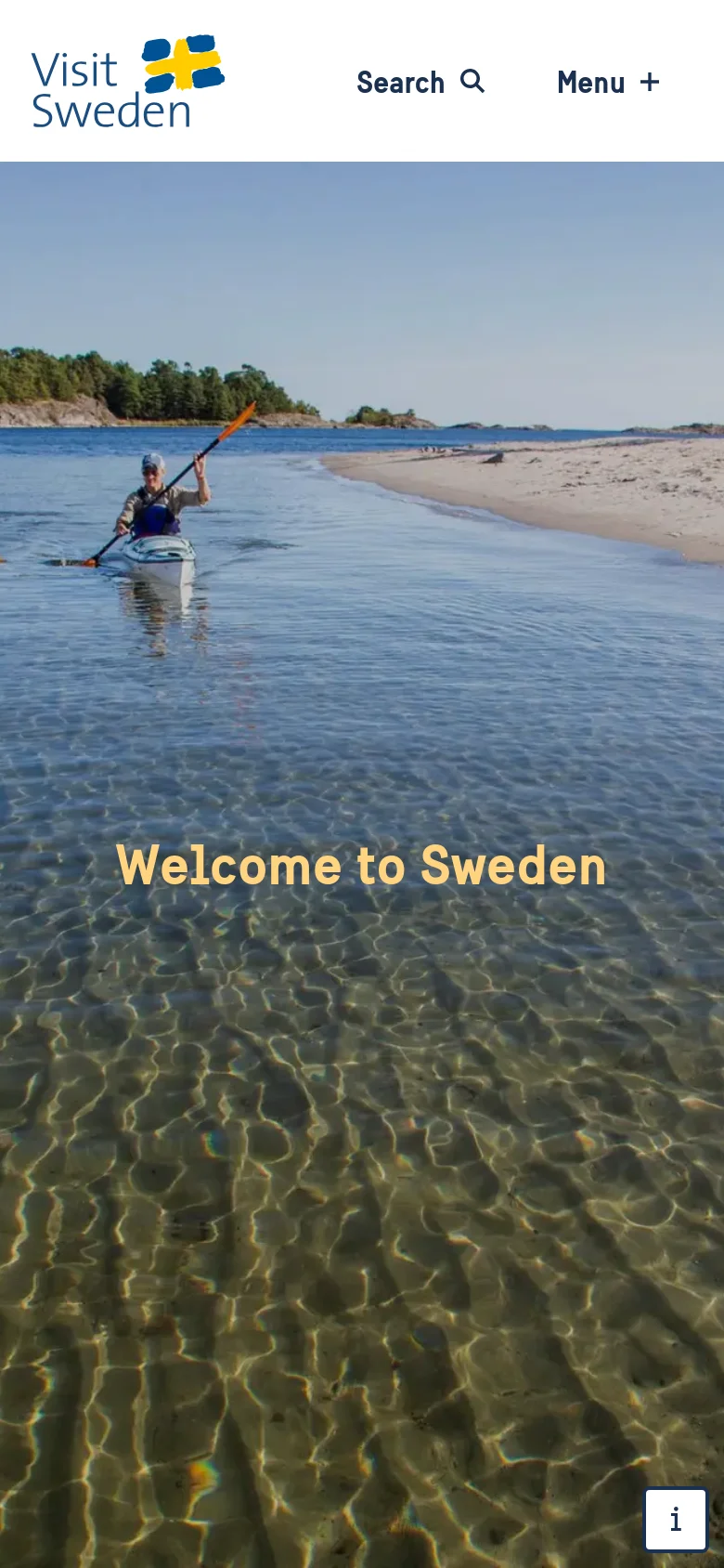 The mobile version displays a vertically oriented hero image of the same kayaking scene, with the 'Welcome to Sweden' headline positioned in the center. The top navigation is simplified to a 'Search' icon and a 'Menu' button next to the Visit Sweden logo. The layout is streamlined for a single-column view on a smaller screen.