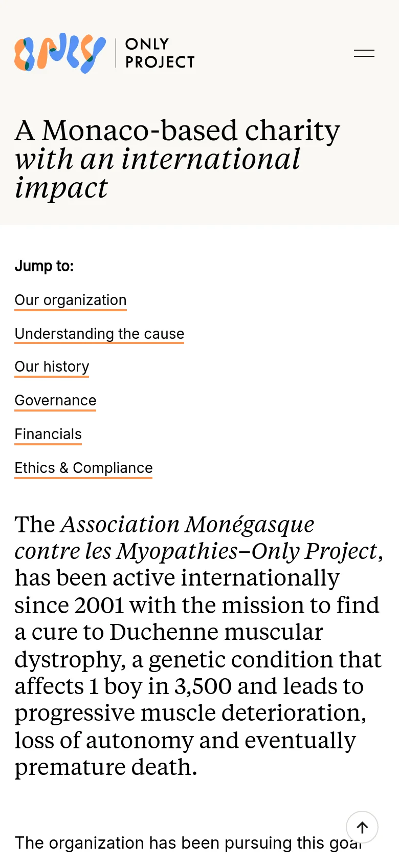 The mobile version simplifies the layout, moving the navigation menu into a hamburger icon in the top right. The large serif headline is stacked vertically, and the 'Jump to' section is displayed as a vertical list above the main body text, maintaining the white and light grey color scheme.