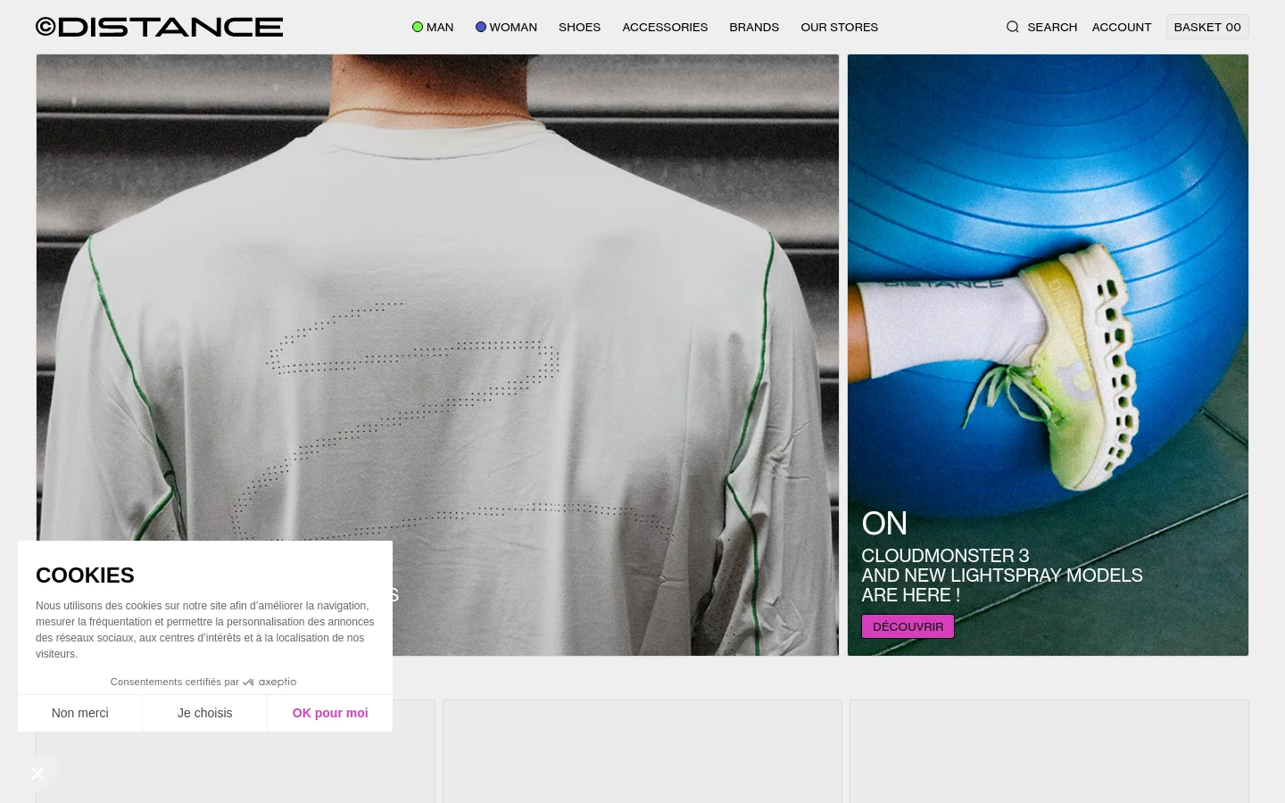 The desktop homepage features a minimalist design with a large hero image of a person in a white running shirt and a close-up of a running shoe. A navigation bar at the top includes links for Man, Woman, Shoes, Accessories, Brands, and Our Stores, alongside search and account options. Below the hero section, content is organized in wide horizontal banners and a grid for footwear, apparel, and accessories.