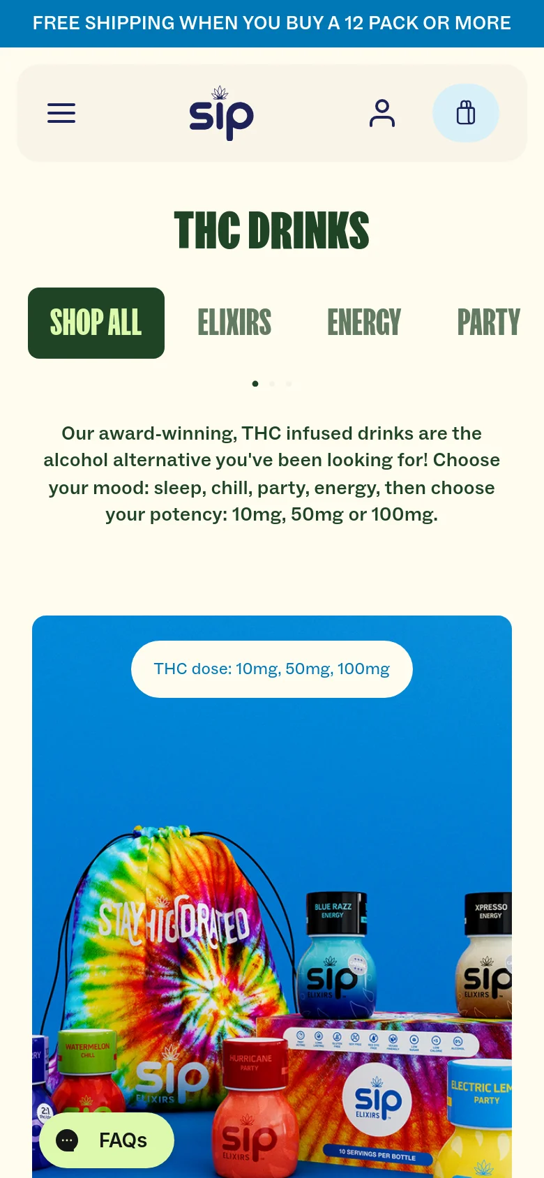 The mobile version maintains the cream-colored theme but uses a condensed layout with a hamburger menu and a centered 'THC DRINKS' heading. The category navigation is presented as a horizontal scrolling list of text links below the main headline. The product display features large, full-width imagery of the colorful beverage bottles to optimize vertical scrolling.