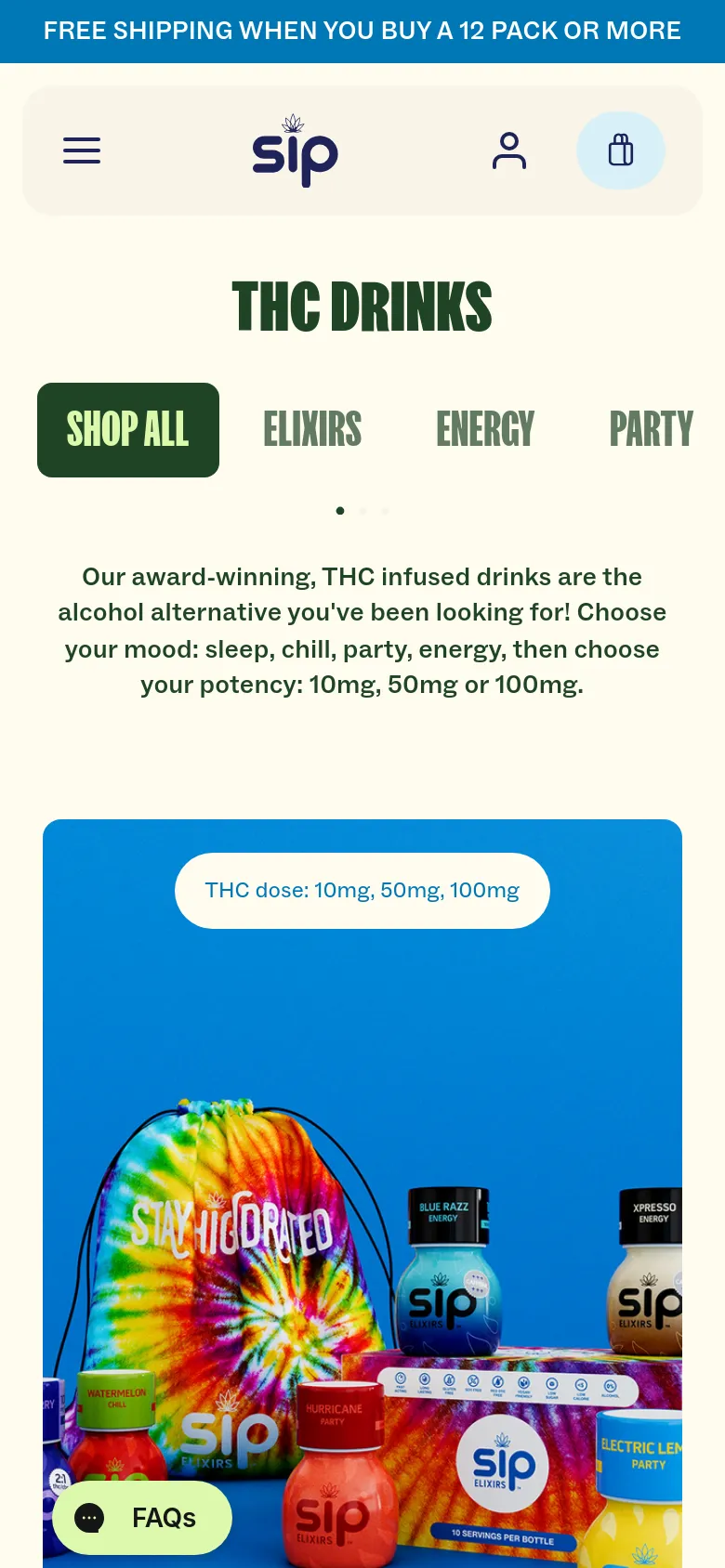 The mobile version maintains the cream-colored theme but uses a condensed layout with a hamburger menu and a centered 'THC DRINKS' heading. The category navigation is presented as a horizontal scrolling list of text links below the main headline. The product display features large, full-width imagery of the colorful beverage bottles to optimize vertical scrolling.