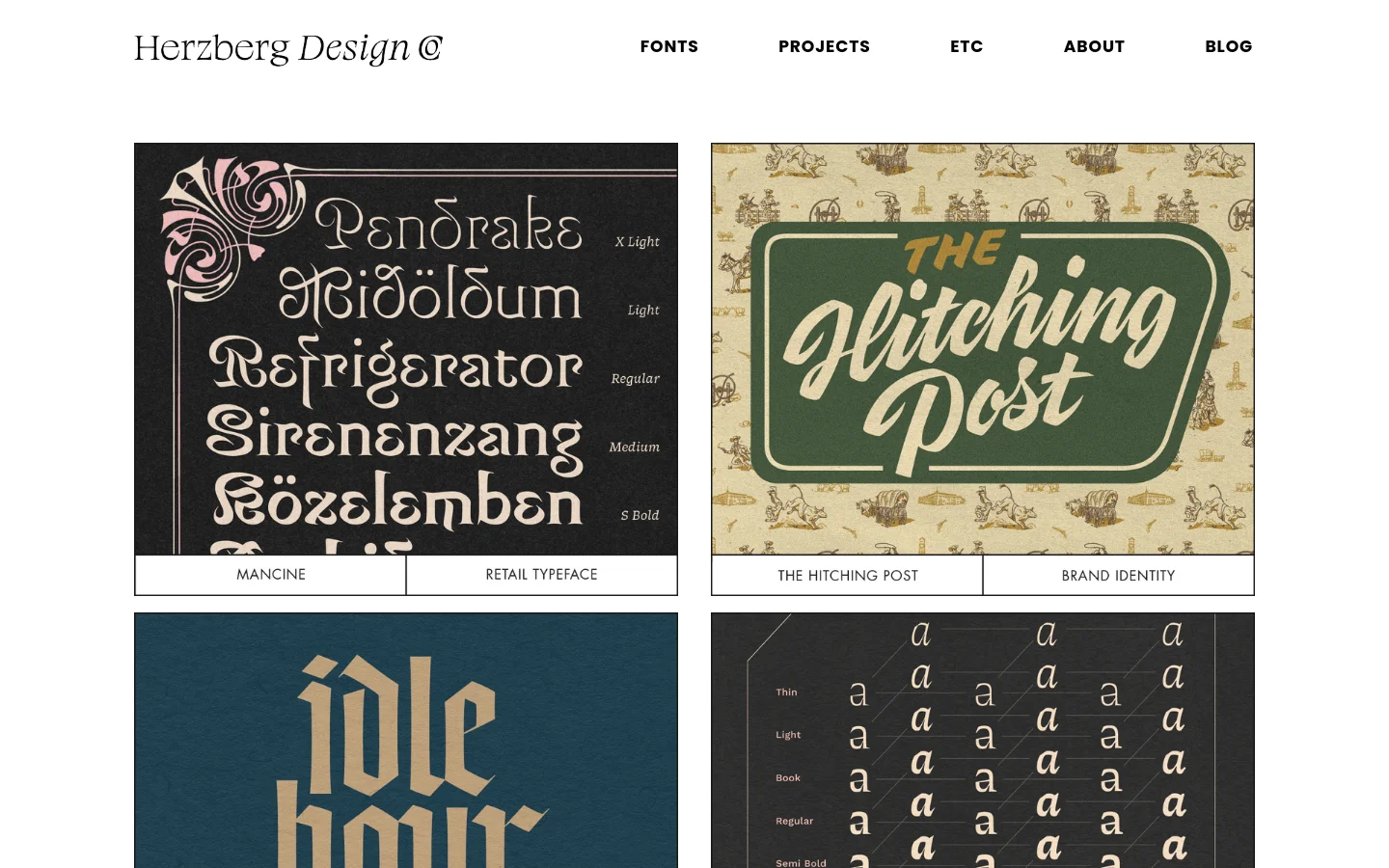 The Herzberg Design Co homepage features a minimalist white header with a stylized logo and navigation links for Fonts, Projects, Etc, About, and Blog. Below, a grid of large, colorful portfolio project tiles showcases various graphic design works, such as typography specimens and brand identities, with text labels at the bottom of each image.