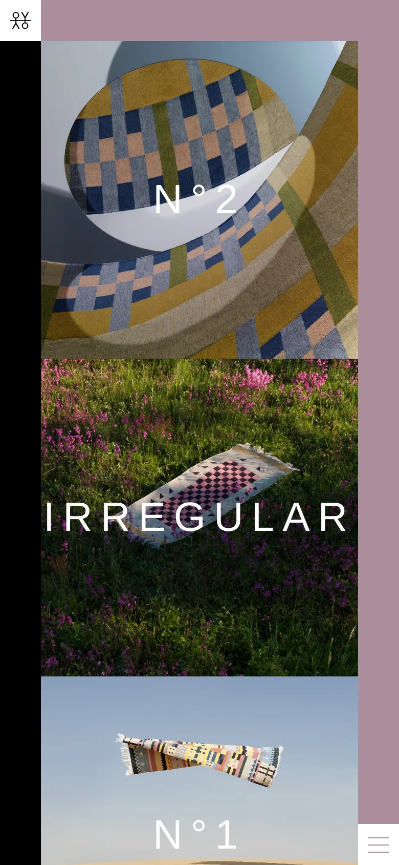 The mobile version transitions to a single-column vertical stack of large, full-width images. The collection titles are centered over the imagery, and the navigation is condensed into a hamburger menu icon at the bottom right.