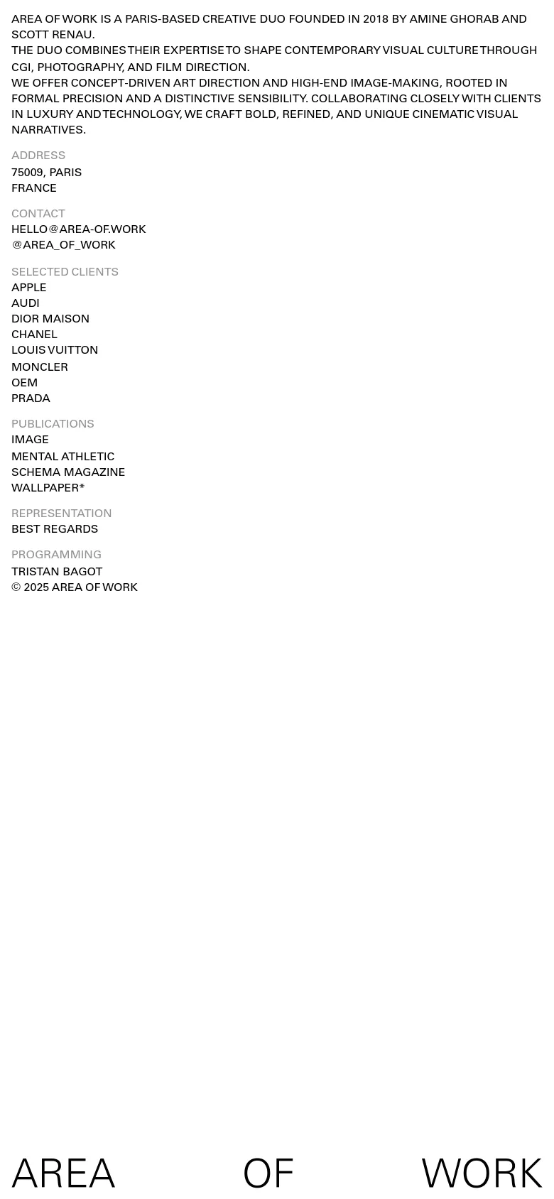 The mobile version maintains the minimalist black-and-white aesthetic but shifts to a single-column vertical layout. The large 'AREA OF WORK' footer text is stacked, and all information sections, including the studio bio and client lists, are presented in a continuous vertical scroll for easier reading on small screens.