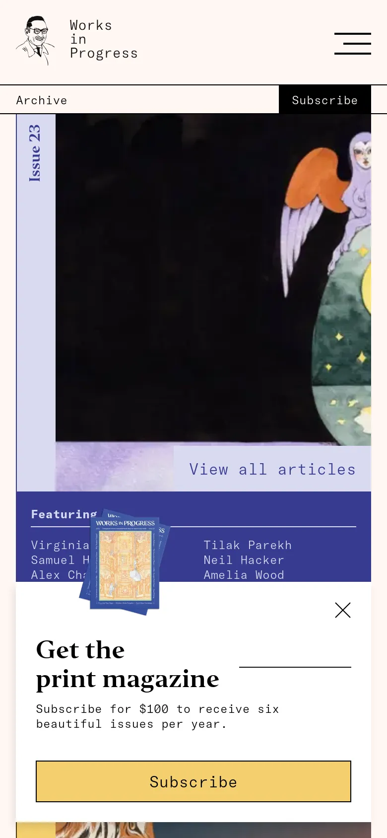 The mobile version presents a single-column vertical stack of magazine issues, with large cover images occupying the full width of the screen. The 'Featuring' author lists and 'View all articles' buttons are repositioned below the images to fit the narrow viewport. A subscription pop-up covers the lower half of the screen with a large, full-width 'Subscribe' button.