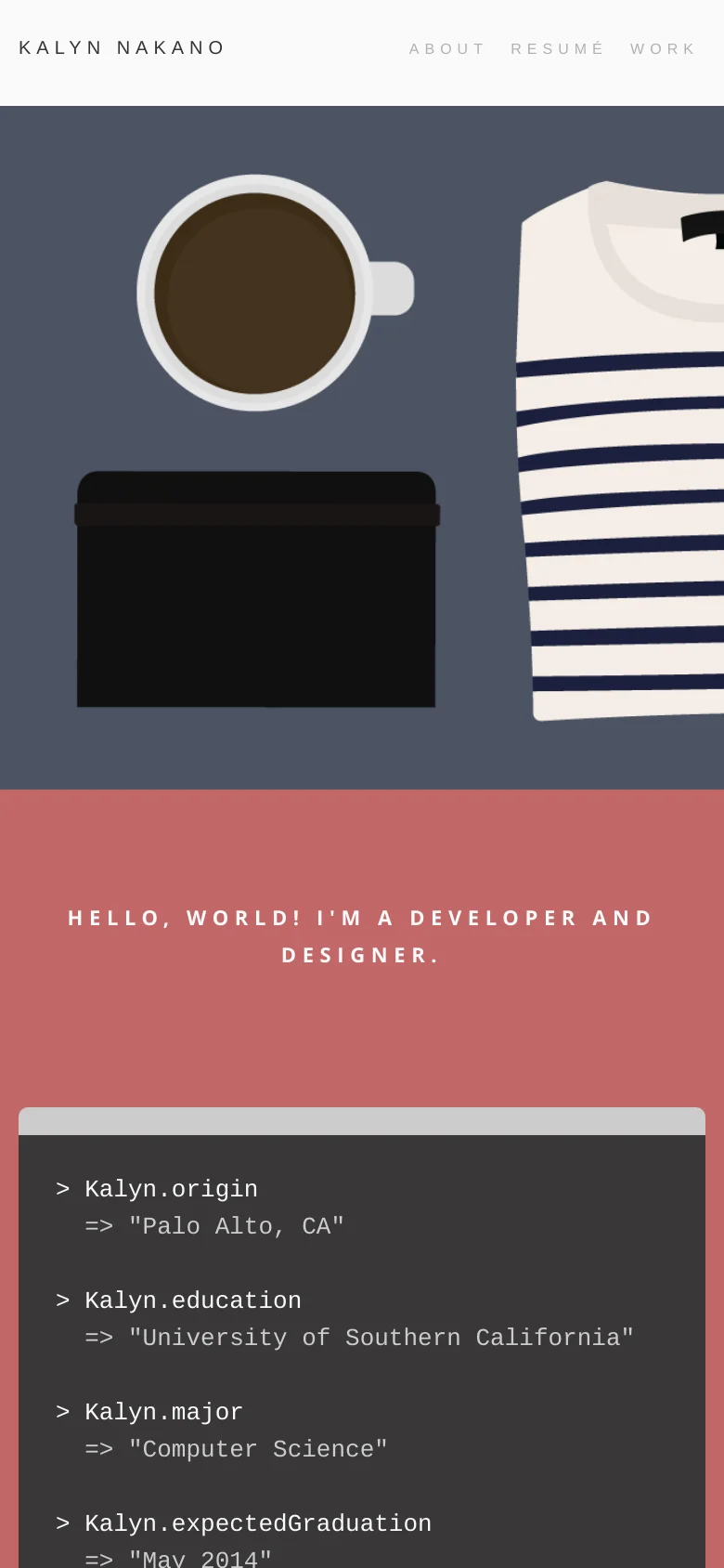 Mobile version of the homepage with a simplified layout. The navigation is condensed into a hamburger menu at the top right, and the hero illustration and code-style biography section are stacked vertically to fit the narrow screen.