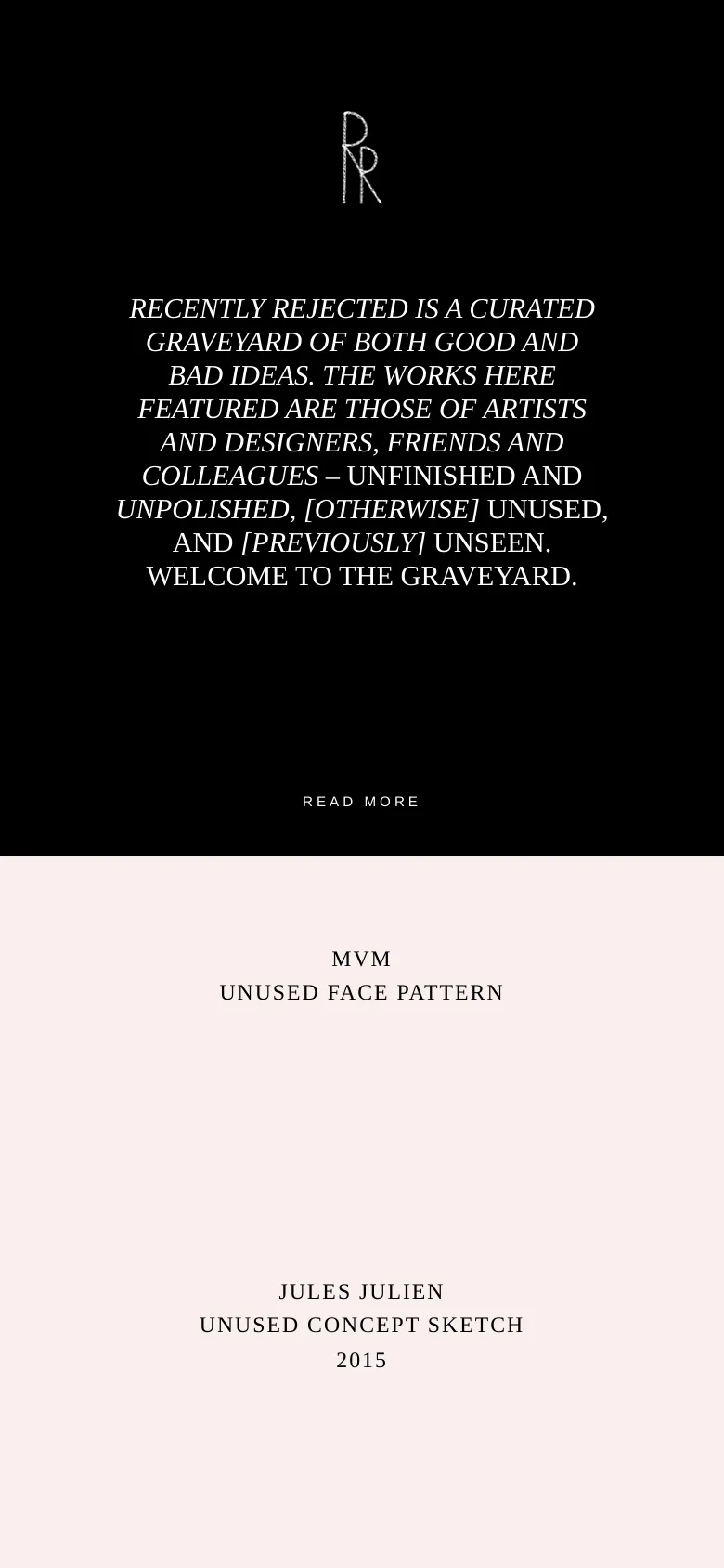 The mobile version maintains the minimalist black and light pink color scheme and centered serif typography. The layout is vertically stacked, showing the 'RR' logo, the mission statement, and the 'READ MORE' button, followed by a list of project titles on a light pink background.