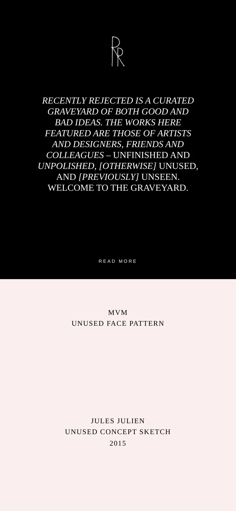 The mobile version maintains the minimalist black and light pink color scheme and centered serif typography. The layout is vertically stacked, showing the 'RR' logo, the mission statement, and the 'READ MORE' button, followed by a list of project titles on a light pink background.