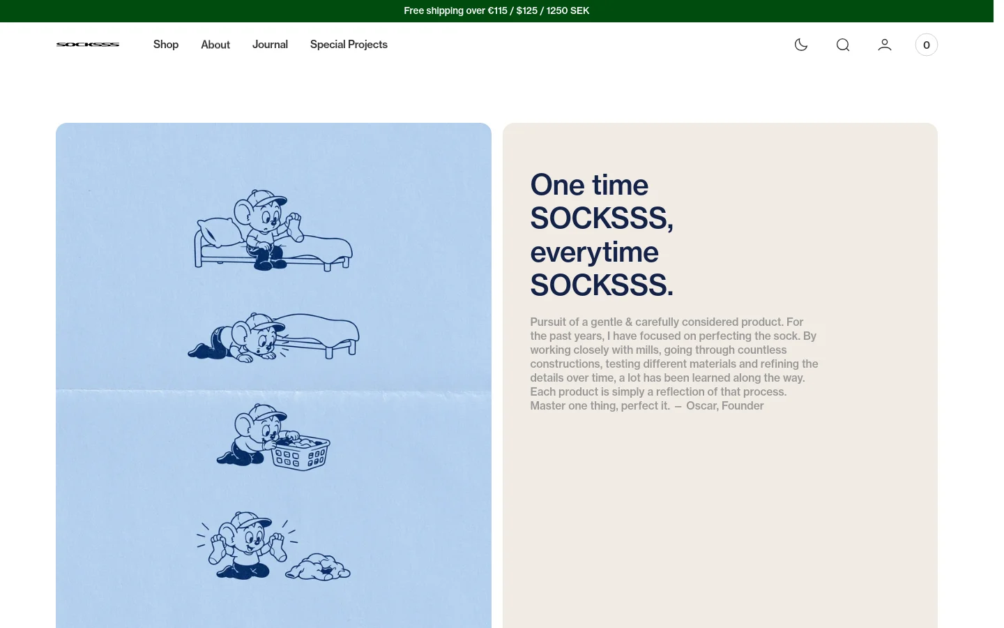 The desktop About page features a split-screen layout with a light blue panel on the left containing four sequential blue line drawings of a cartoon mouse character. On the right, a cream-colored panel displays the headline 'One time SOCKSSS, everytime SOCKSSS.' followed by a mission statement from the founder. The header is white with a green announcement bar at the top.