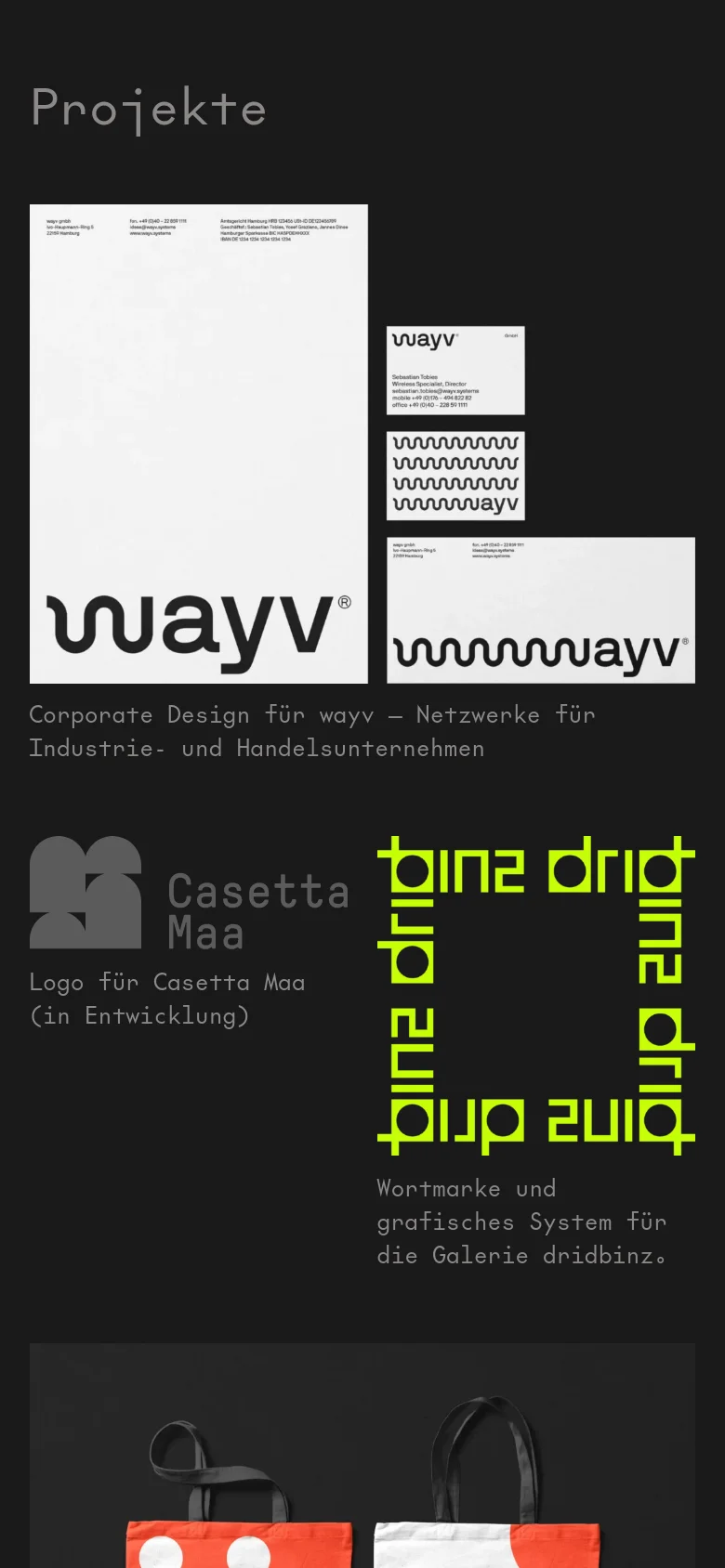 The mobile version maintains the dark theme and large 'Projekte' heading but transitions to a single-column vertical scroll. Project elements, such as the 'wayv' logo and the yellow 'dridbinz' graphic, are stacked vertically to fit the narrower screen width, prioritizing readability of the project descriptions.